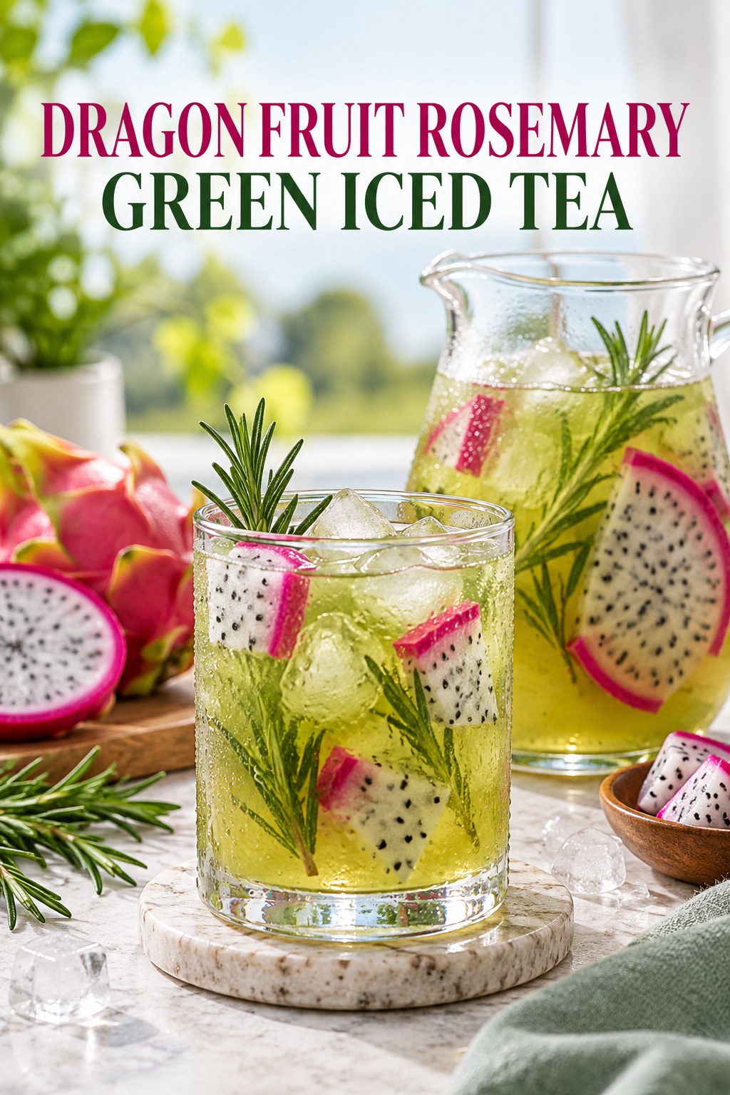 Portrait drink scene with dragon fruit, fresh rosemary, ice, and a chilled glass of green iced tea.
