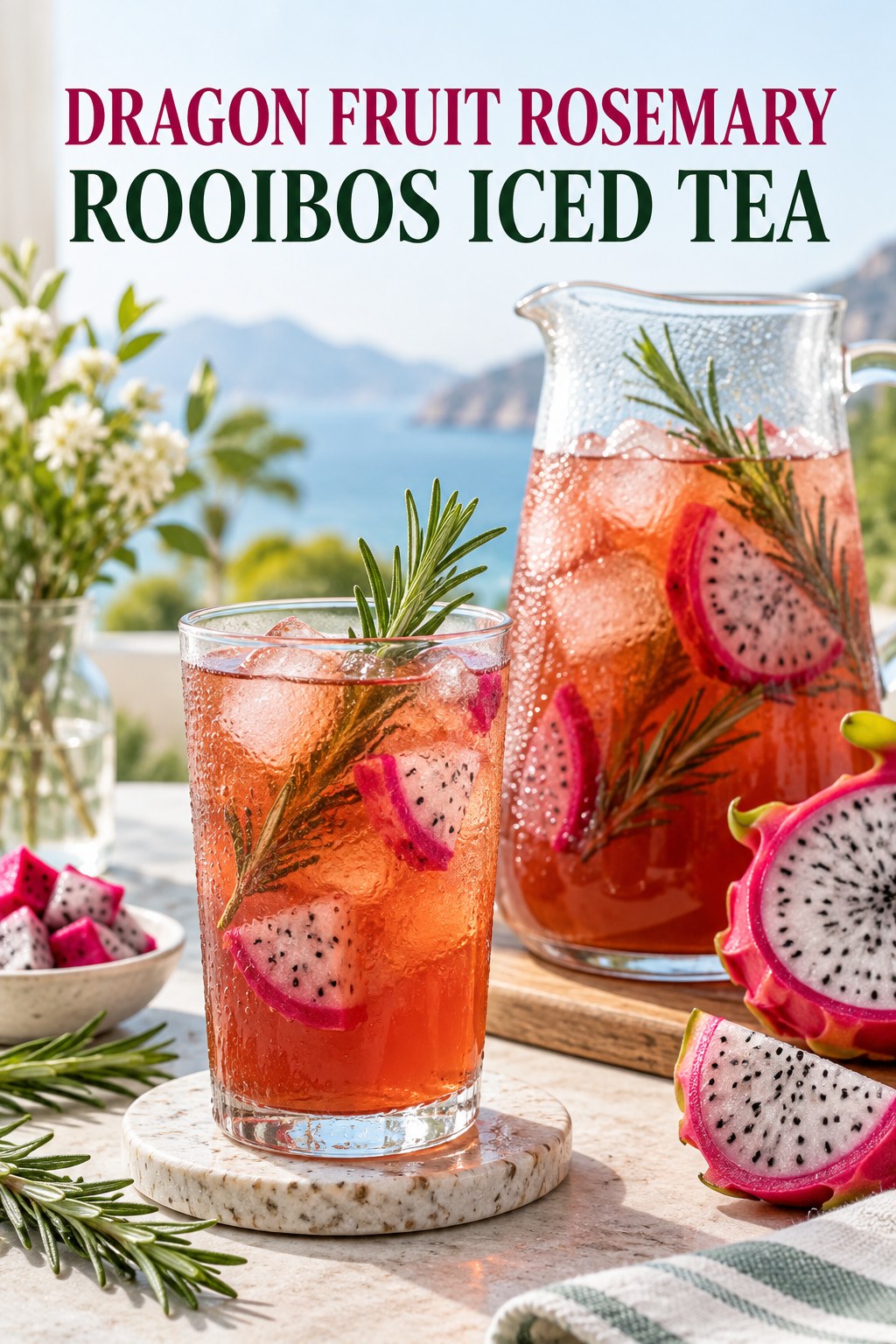 Portrait drink scene with dragon fruit, fresh rosemary, ice, and a chilled glass of rooibos iced tea.