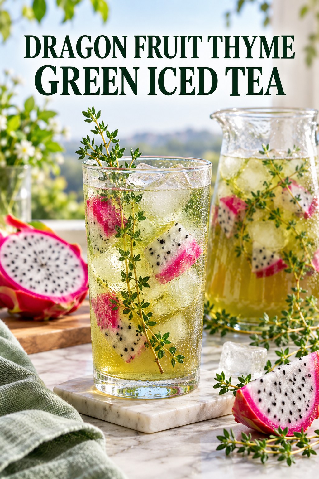 Portrait drink scene with dragon fruit, fresh thyme, ice, and a chilled glass of green iced tea.