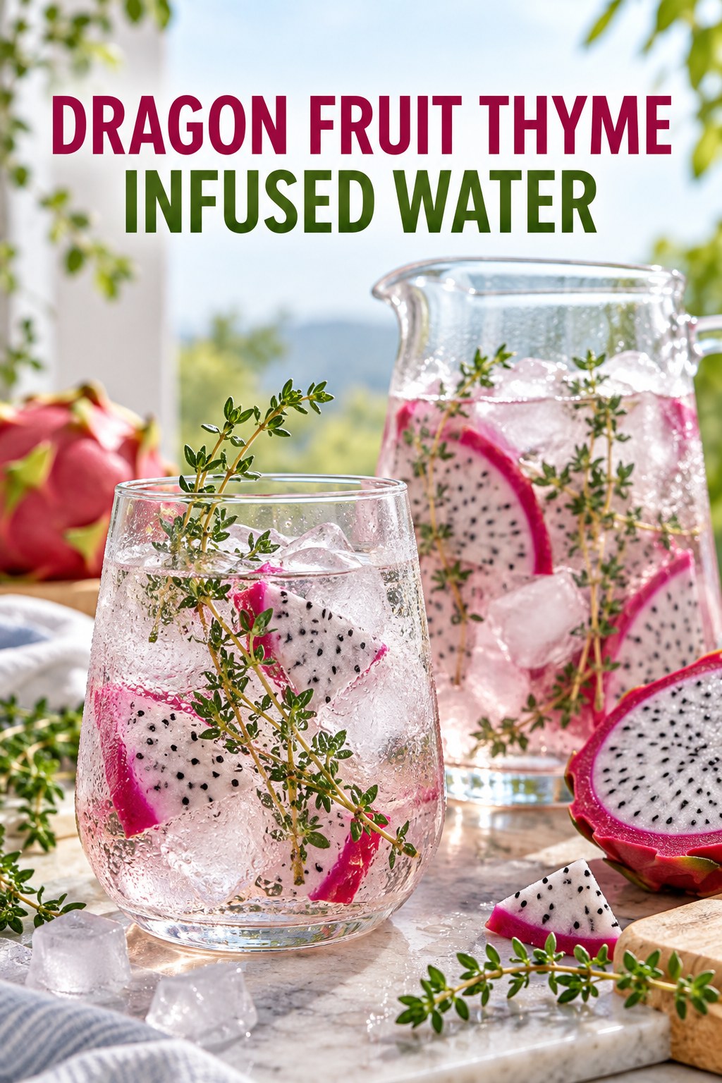 Portrait drink scene with dragon fruit, fresh thyme, ice, and a chilled glass of infused water.
