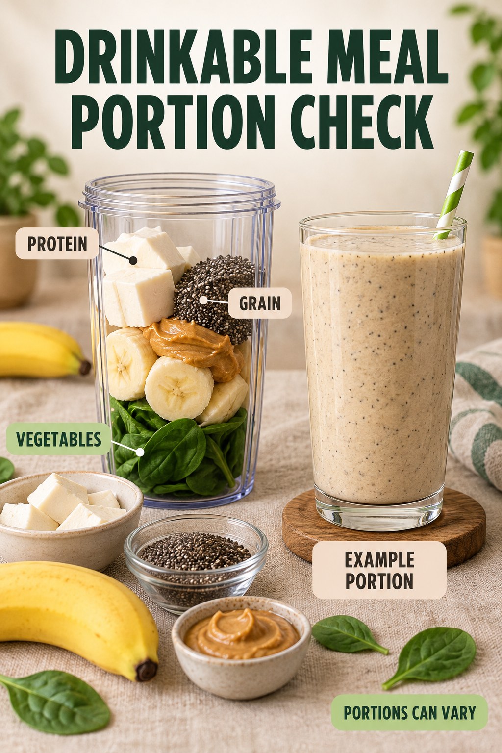 Drinkable Meal Portion Check visual using silken tofu, chia seeds, banana, and peanut butter as flexible example portions for Protein Smoothies.