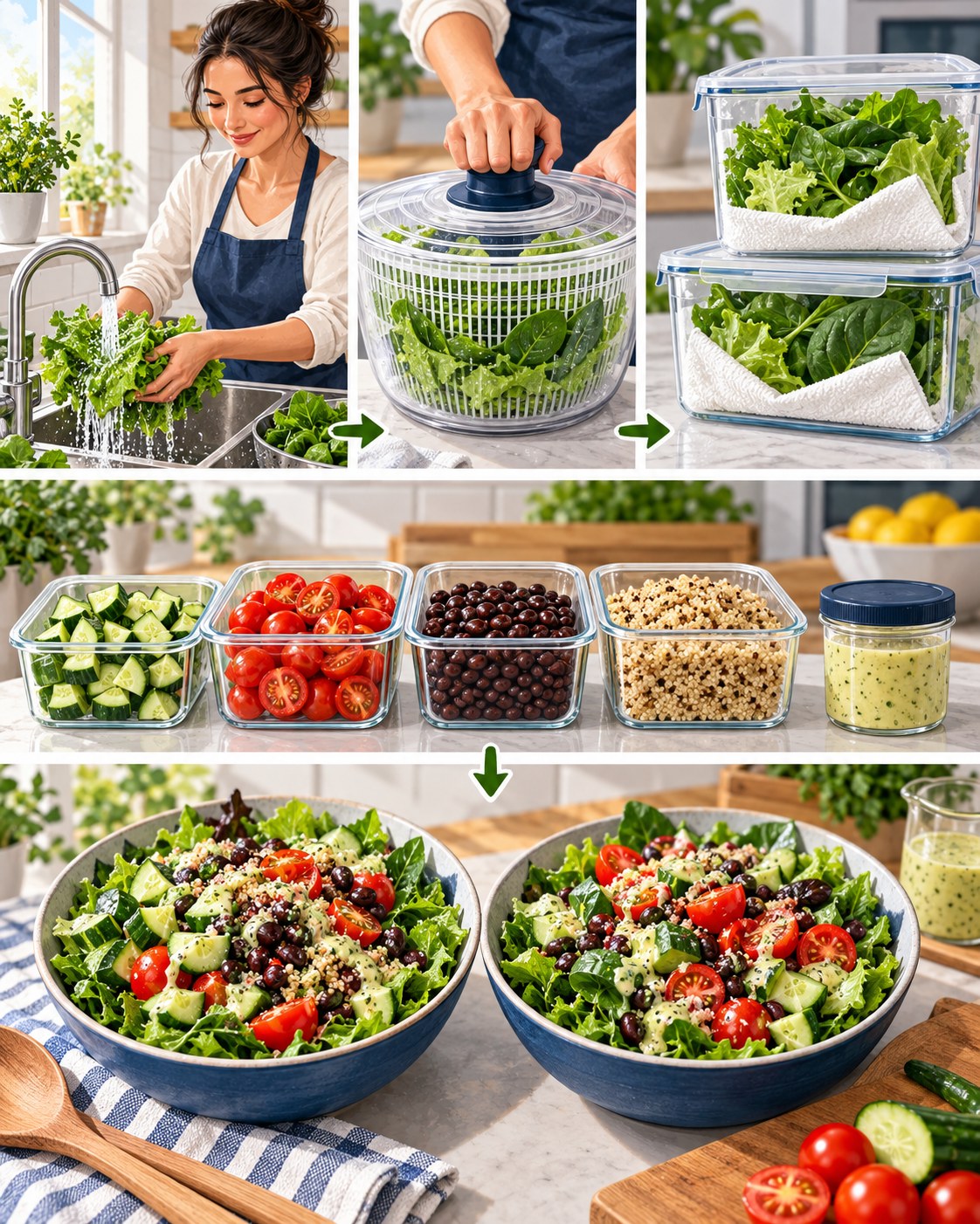 Woman washing and spinning salad greens, storing them with a towel, and keeping toppings and dressing separate