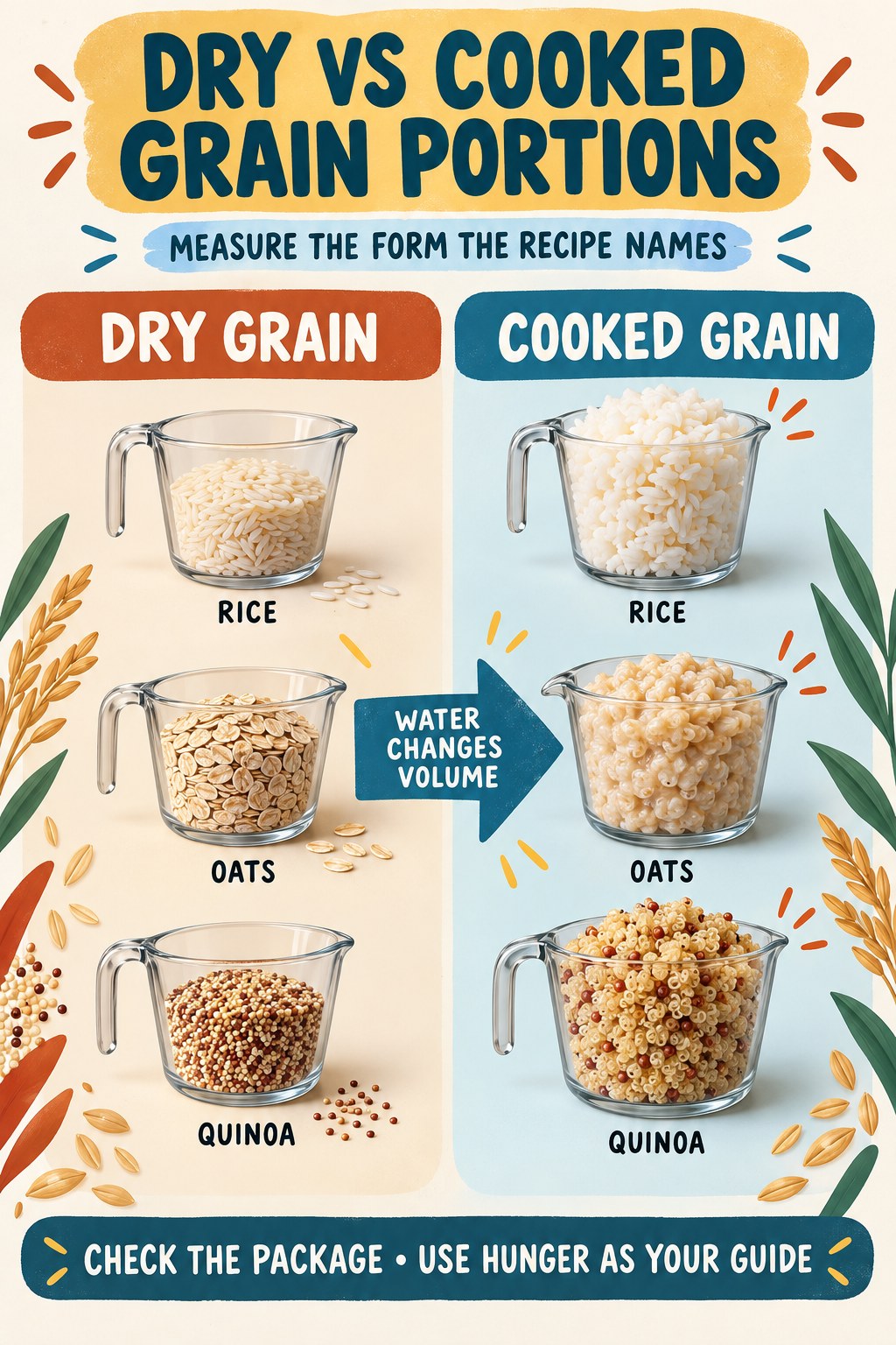 Portrait infographic comparing dry and cooked cups of rice, oats, and quinoa and explaining that water changes grain volume.