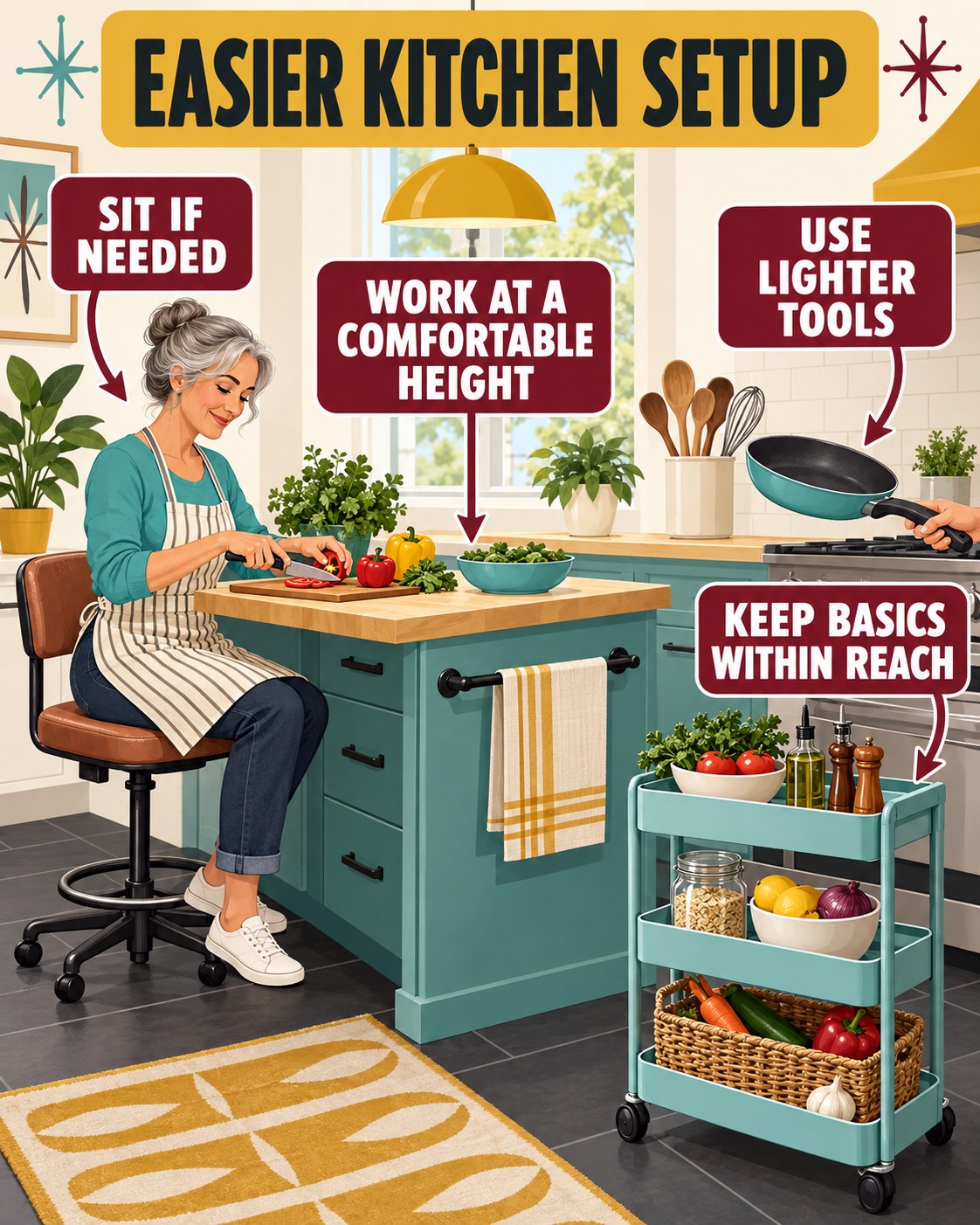 Mustard, aqua, burgundy, cream, and charcoal kitchen infographic showing four practical setup adaptations.