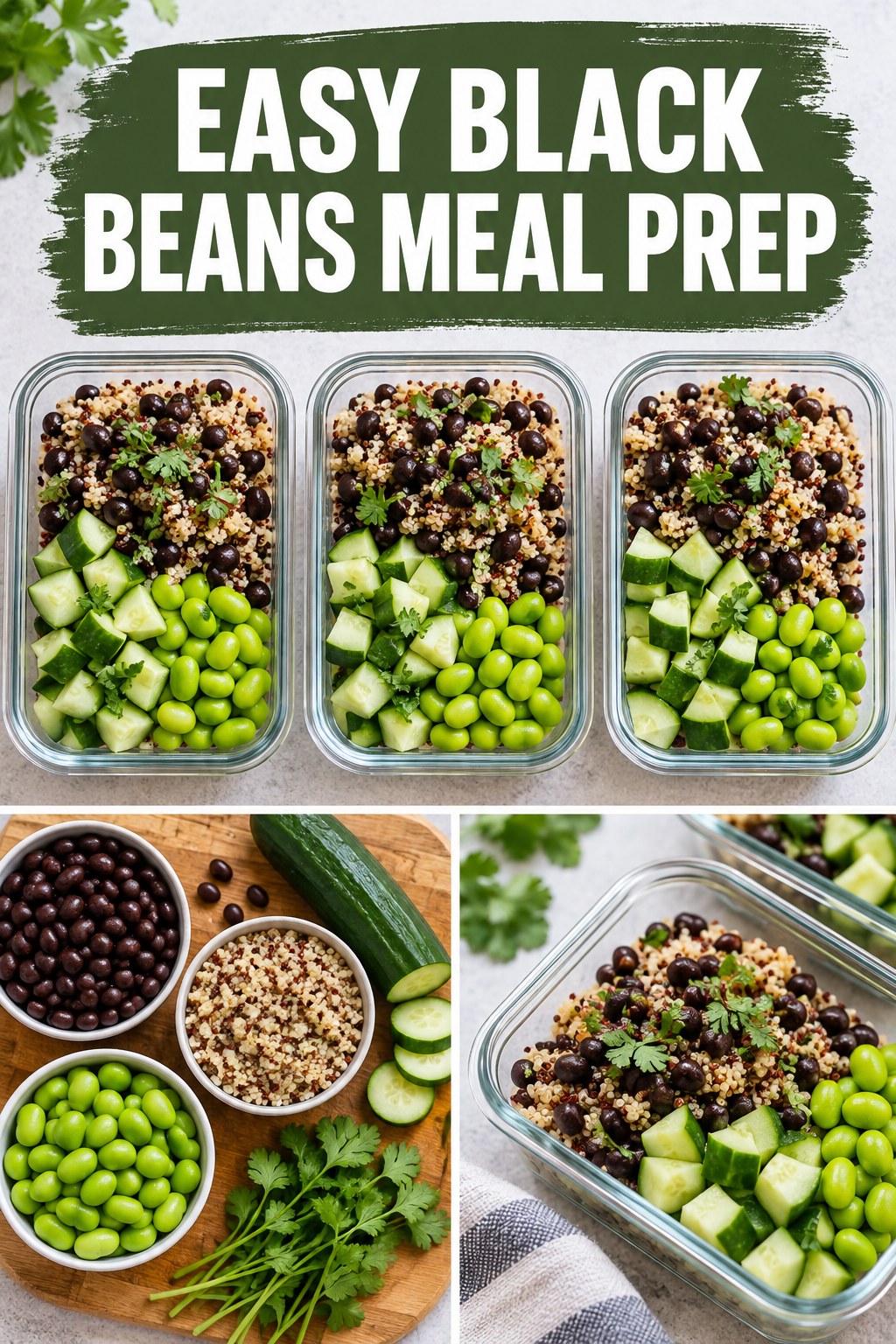 Three containers of easy black beans quinoa prep boxes with black beans, quinoa, cucumber, and edamame.