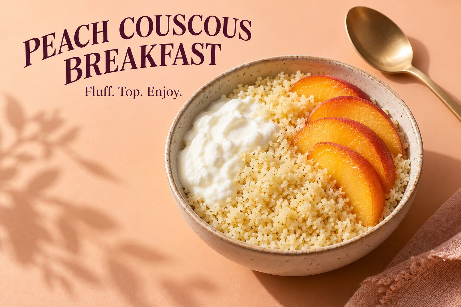 Fluffy couscous topped with peach slices and plain yogurt beside the headline Peach Couscous Breakfast.