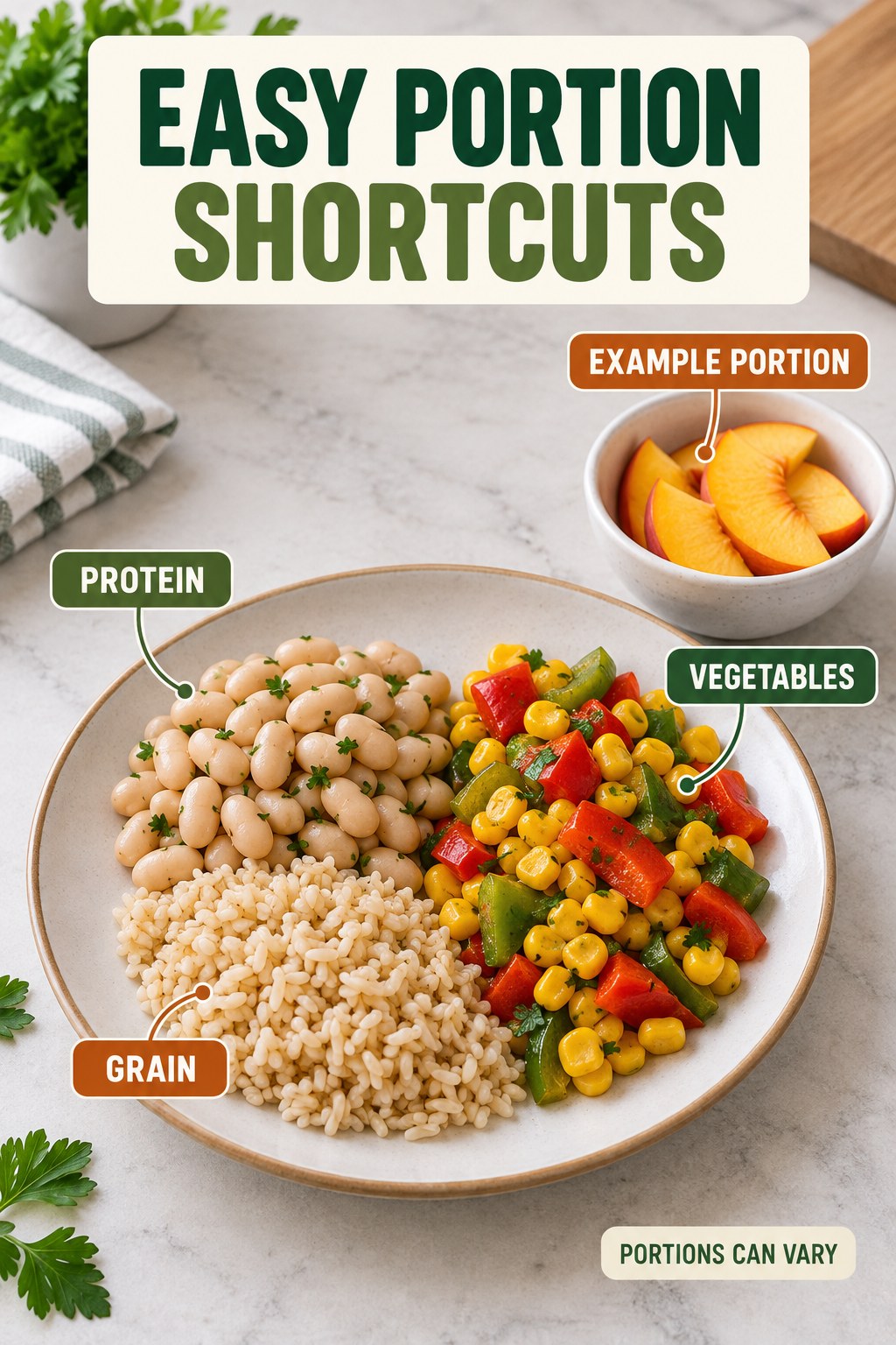 Easy Portion Shortcuts visual using white beans, corn, peppers, and peach as flexible example portions for Easy Healthy Recipes.