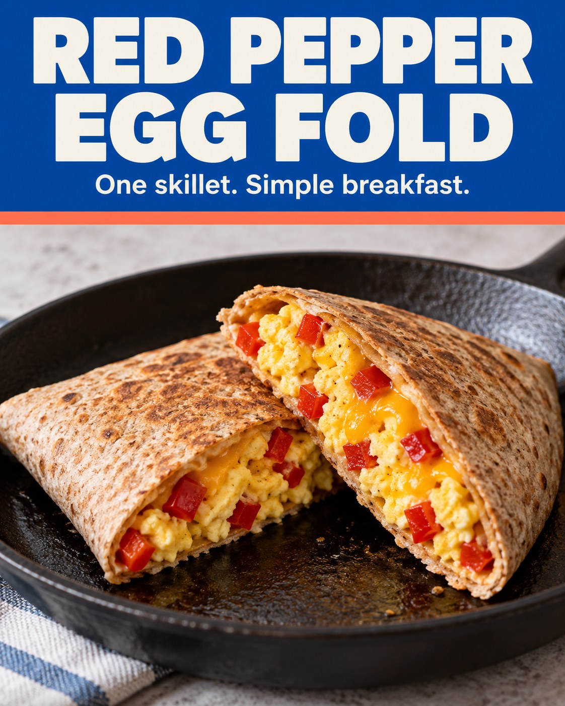 A folded whole wheat tortilla cut open to show egg, red pepper, and cheddar, with the text Red Pepper Egg Fold.