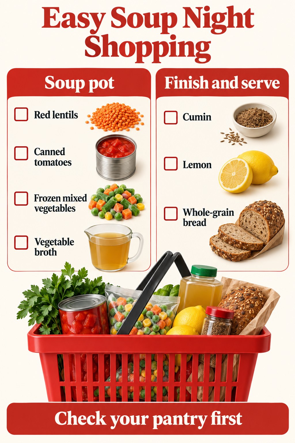 Cream and red soup shopping checklist with lentils, tomatoes, vegetables, broth, cumin, lemon and bread.