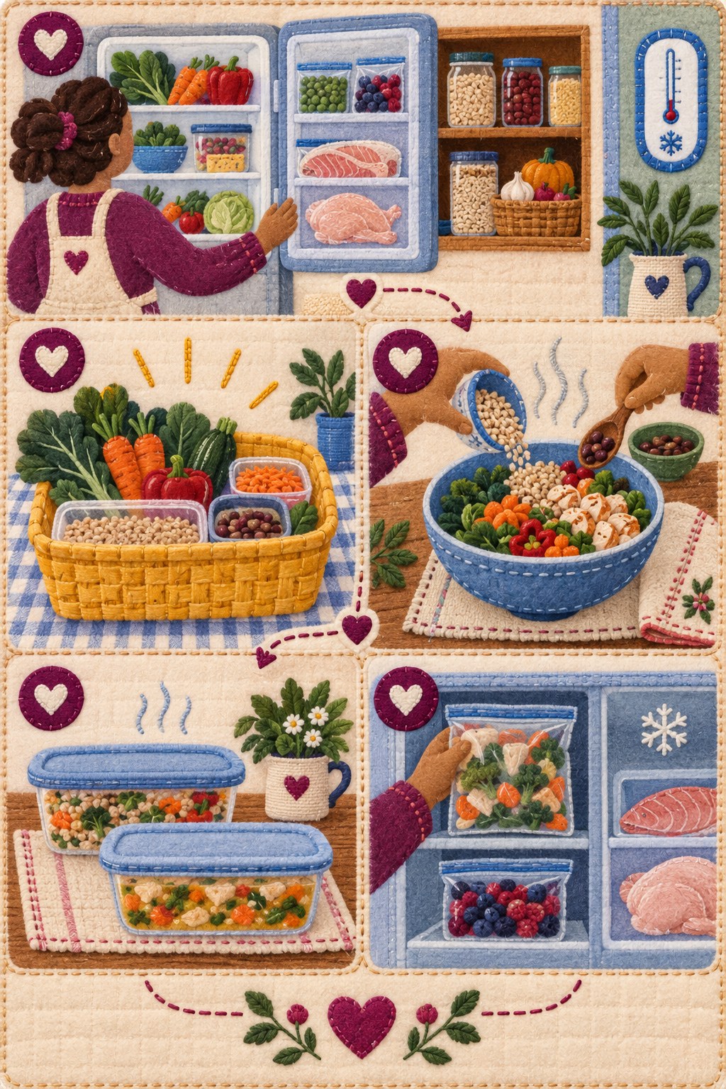 Embroidered quilt infographic showing a fridge scan, eat-first basket, flexible grain-and-vegetable bowl, shallow containers, and freezer.
