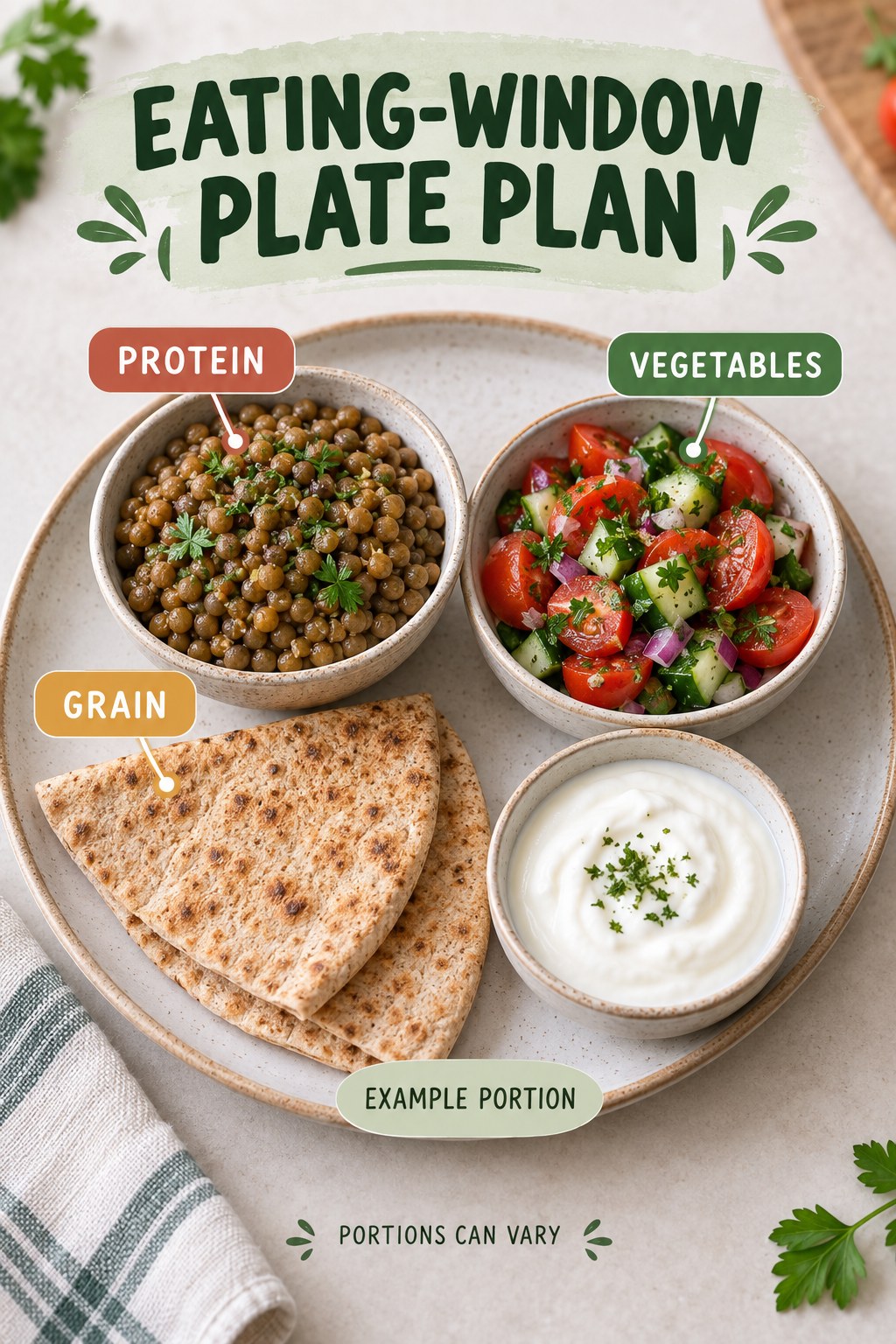 Eating-Window Plate Plan visual using lentils, whole-grain pita, tomato salad, and plain yogurt as flexible example portions for Intermittent Fasting.