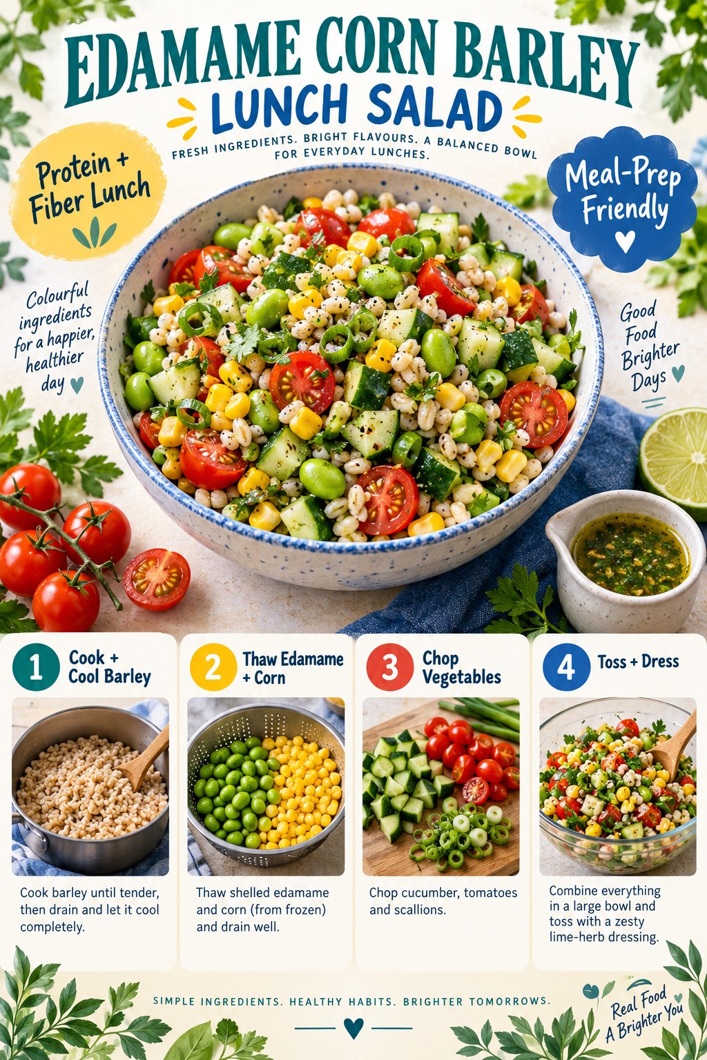 Portrait recipe infographic showing barley, edamame, corn, cucumber, tomatoes, scallions, lime-herb dressing, and four steps.