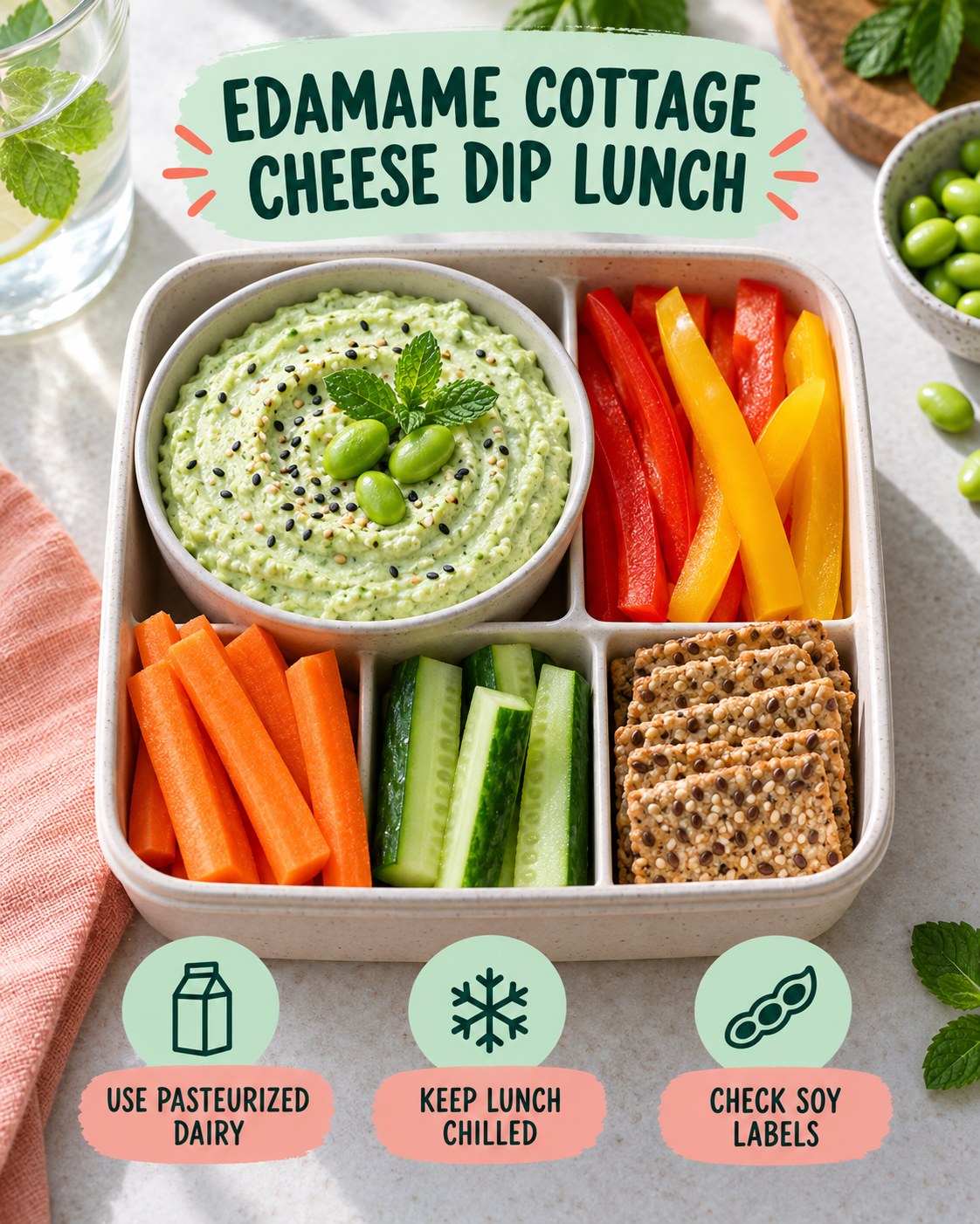 Edamame cottage cheese dip lunch box with peppers, carrots, cucumber, and seeded crackers