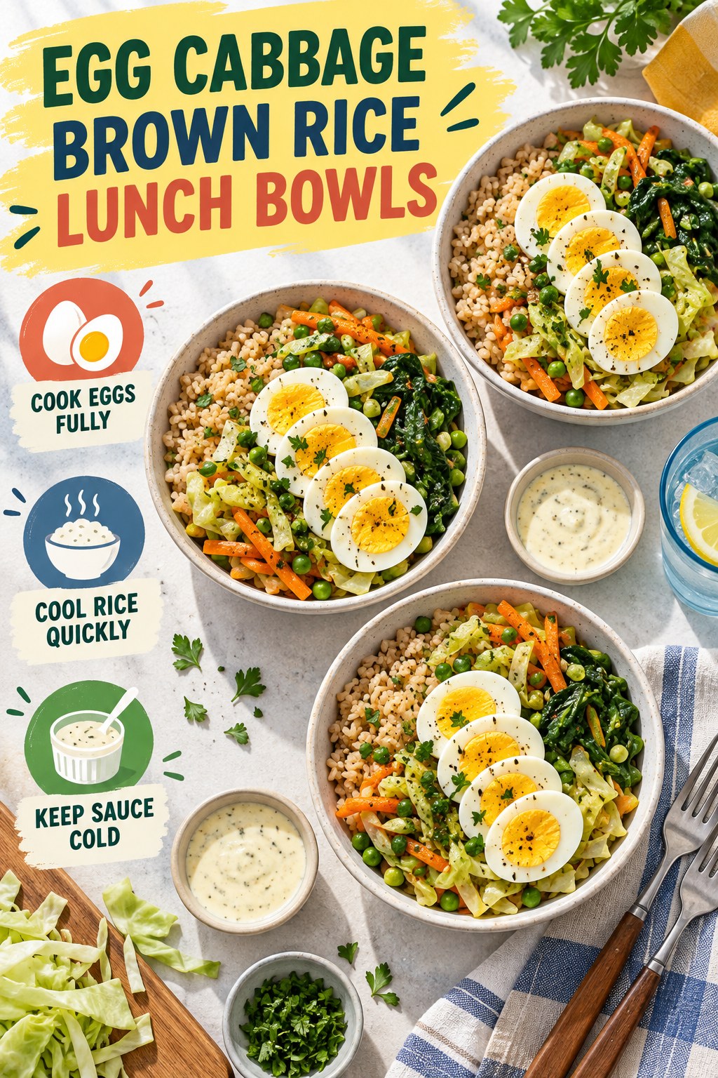 Three egg cabbage brown rice lunch bowls with carrots, peas, spinach, and separate yogurt-mustard sauce