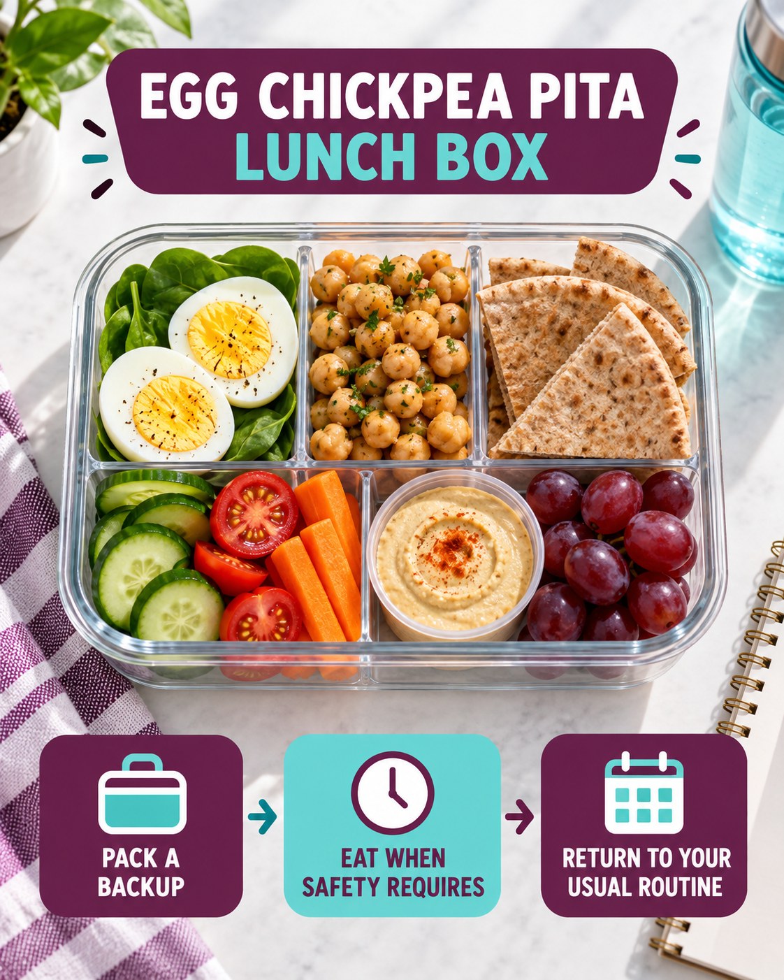 Egg chickpea pita lunch box with cucumber, tomatoes, carrots, spinach, grapes, hummus, and schedule-change safety reminders.