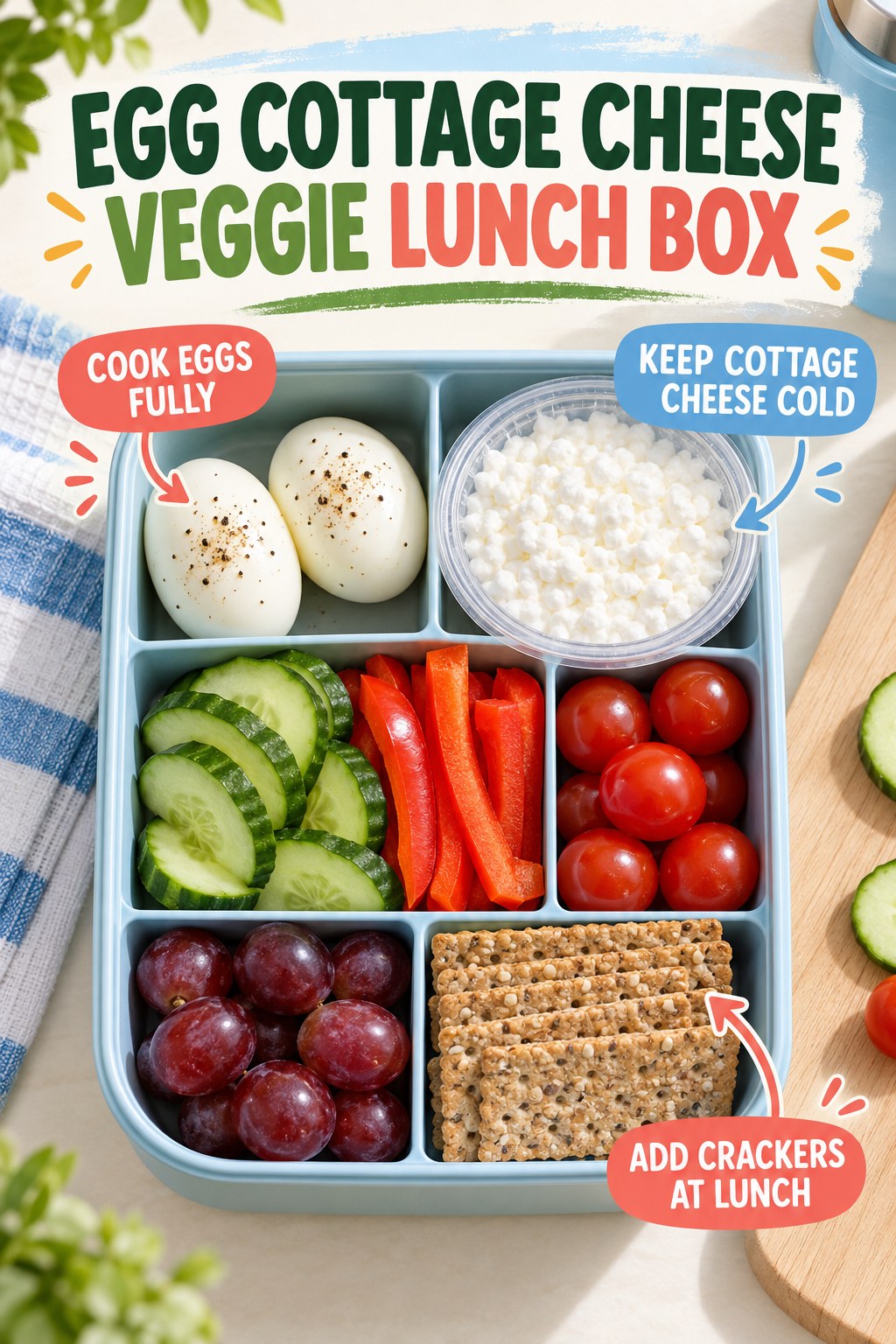 Overhead egg and cottage cheese lunch box with cucumber, peppers, tomatoes, grapes, and crackers
