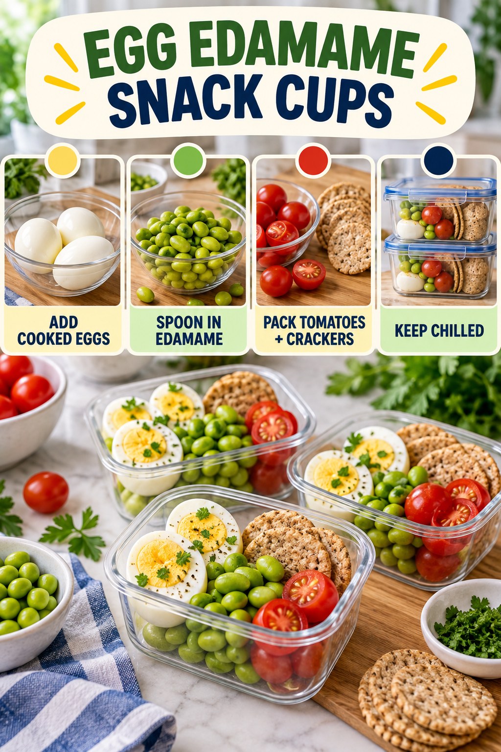 Egg edamame snack cup infographic showing cooked eggs, shelled edamame, tomatoes, crackers, divided containers, and safe chilling.