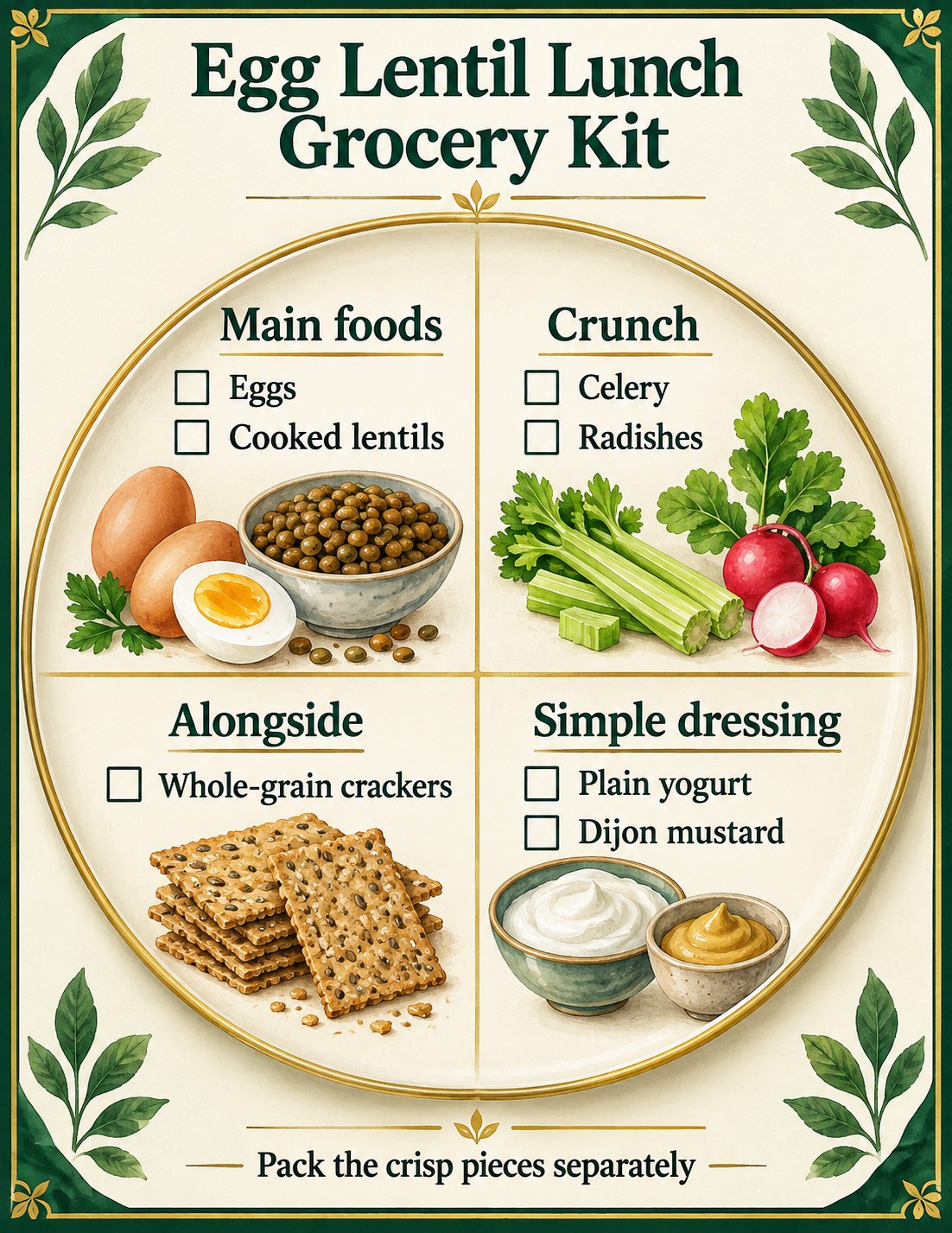 Emerald and ivory plate checklist listing eggs, lentils, celery, radishes, crackers, yogurt and Dijon mustard.