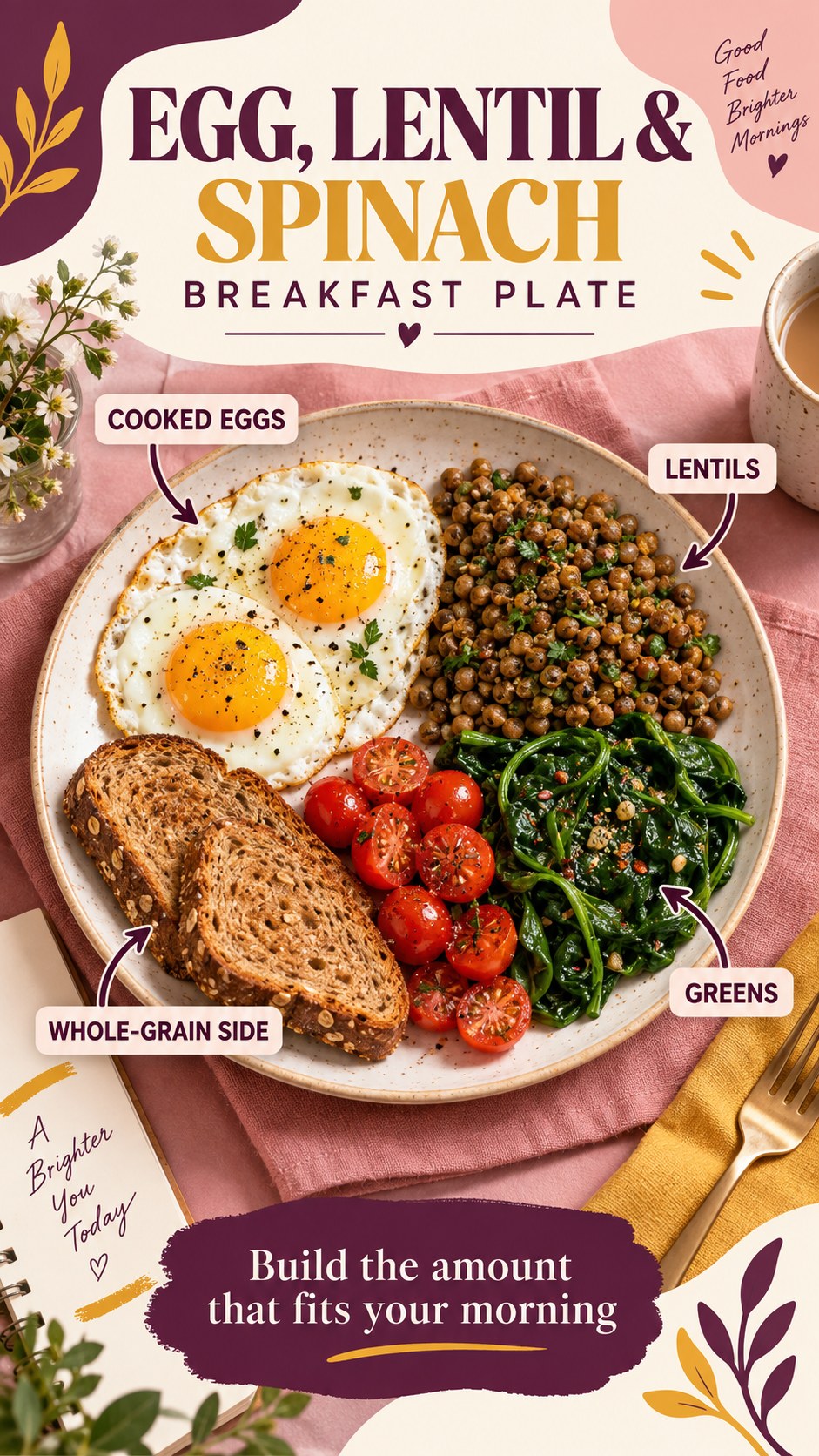 Plum and blush infographic showing cooked eggs, lentils, spinach, tomatoes, and whole-grain toast on a breakfast plate