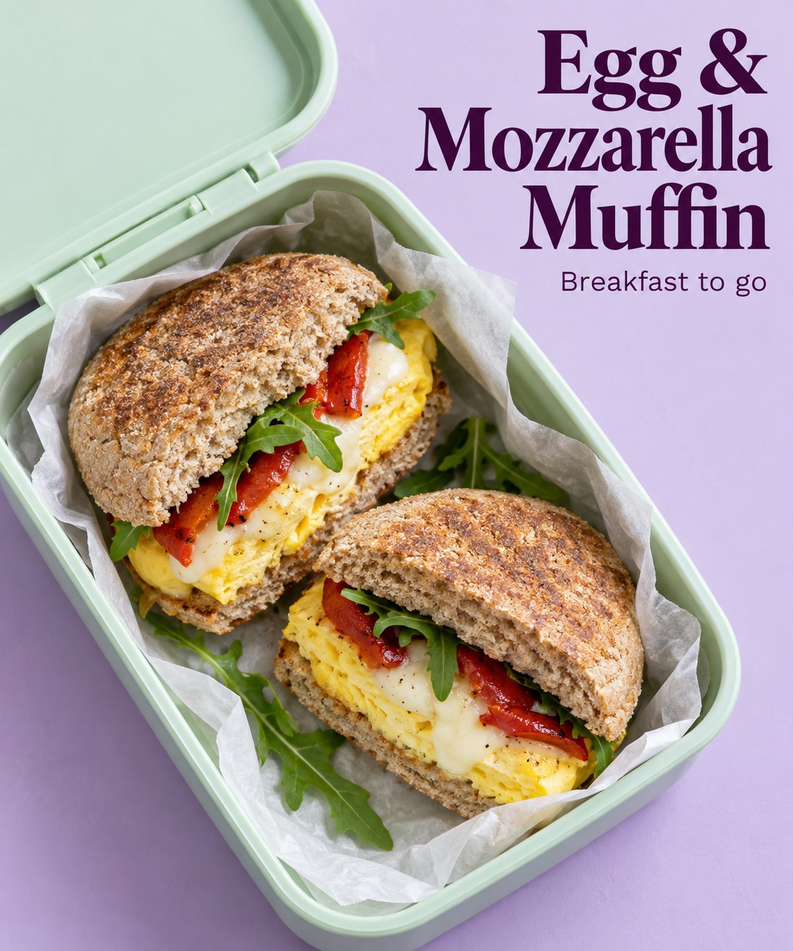 An egg mozzarella and roasted pepper English muffin sandwich in a lunchbox beside the words Egg & Mozzarella Muffin.