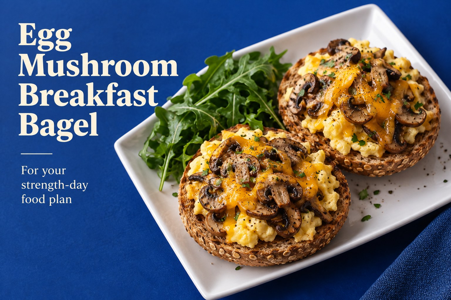 Open wholegrain bagel topped with scrambled eggs, mushrooms, and cheddar with arugula alongside.
