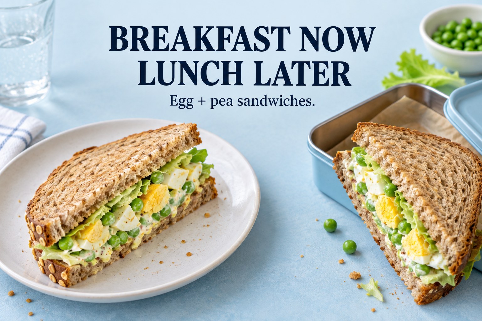 Whole grain sandwich filled with chopped egg and peas with the headline Breakfast Now Lunch Later.