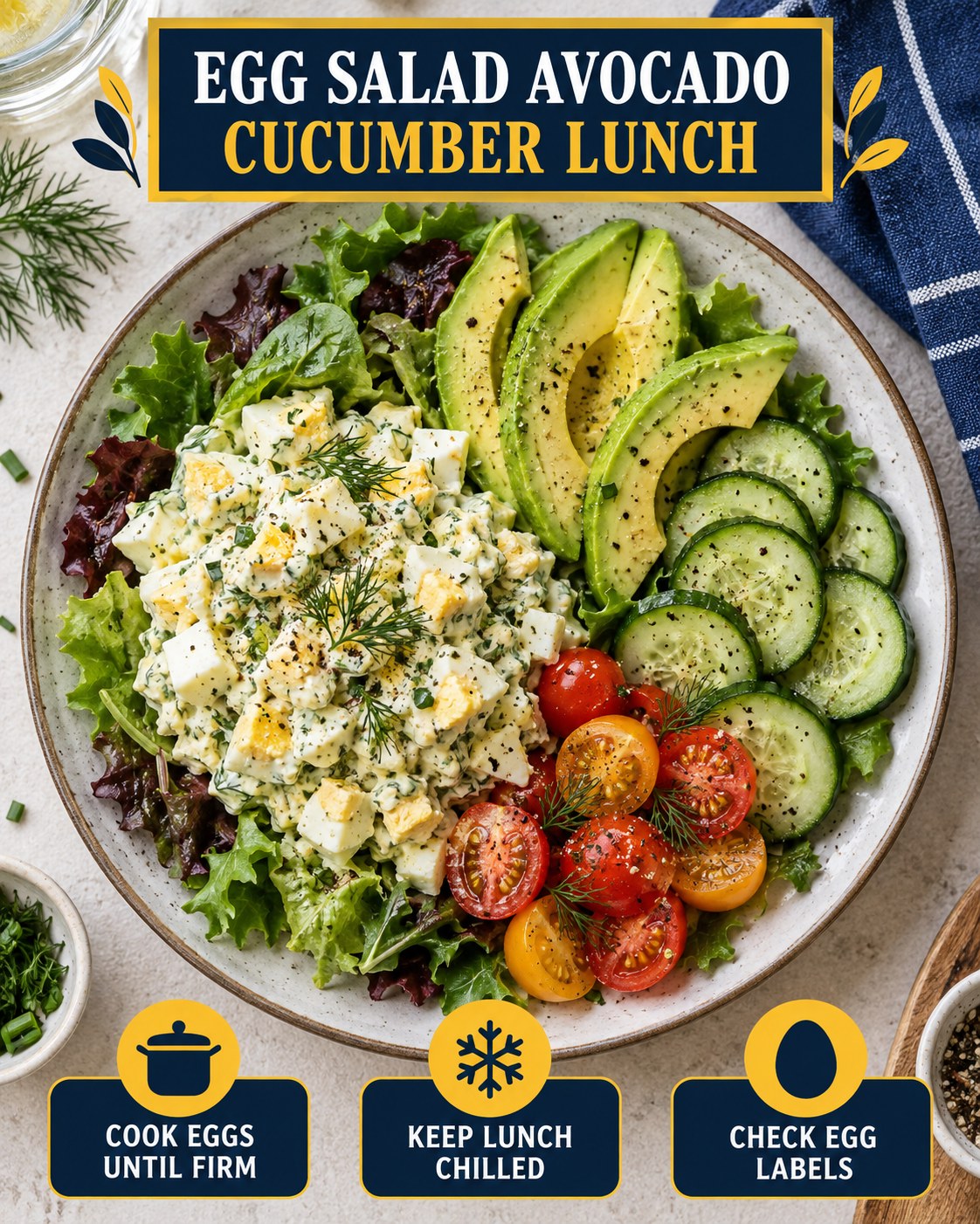 Egg salad avocado cucumber lunch plate with tomatoes, leafy greens, and dill