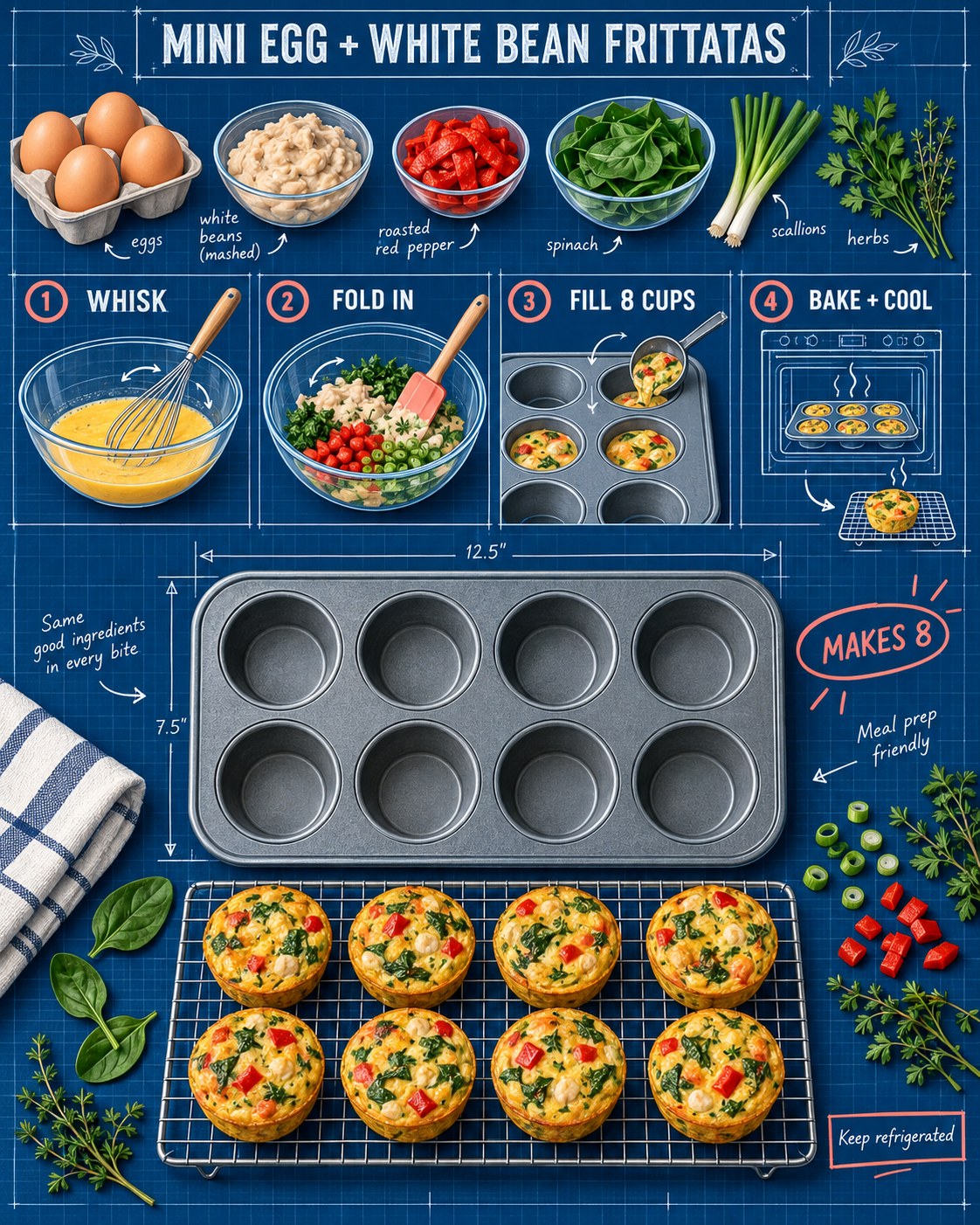 Blueprint infographic showing eggs, white beans, vegetables, a muffin pan, four steps, and eight mini frittatas.