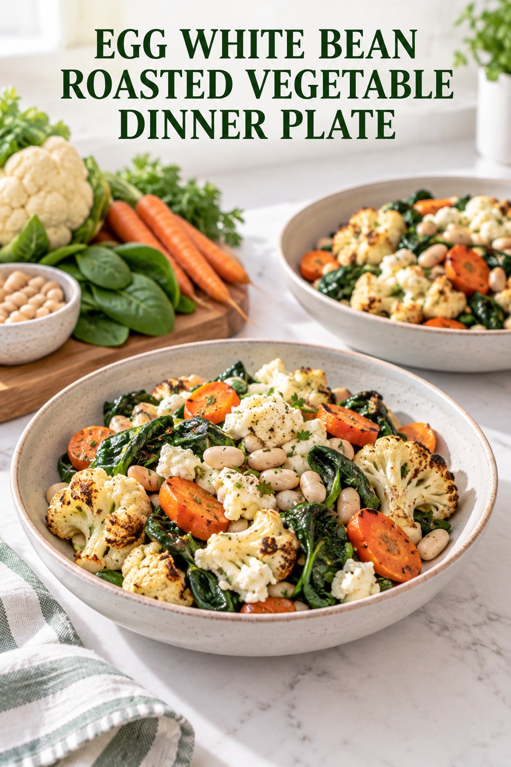 Two servings of egg white bean roasted vegetable dinner plate made with eggs, white beans, and vegetables.
