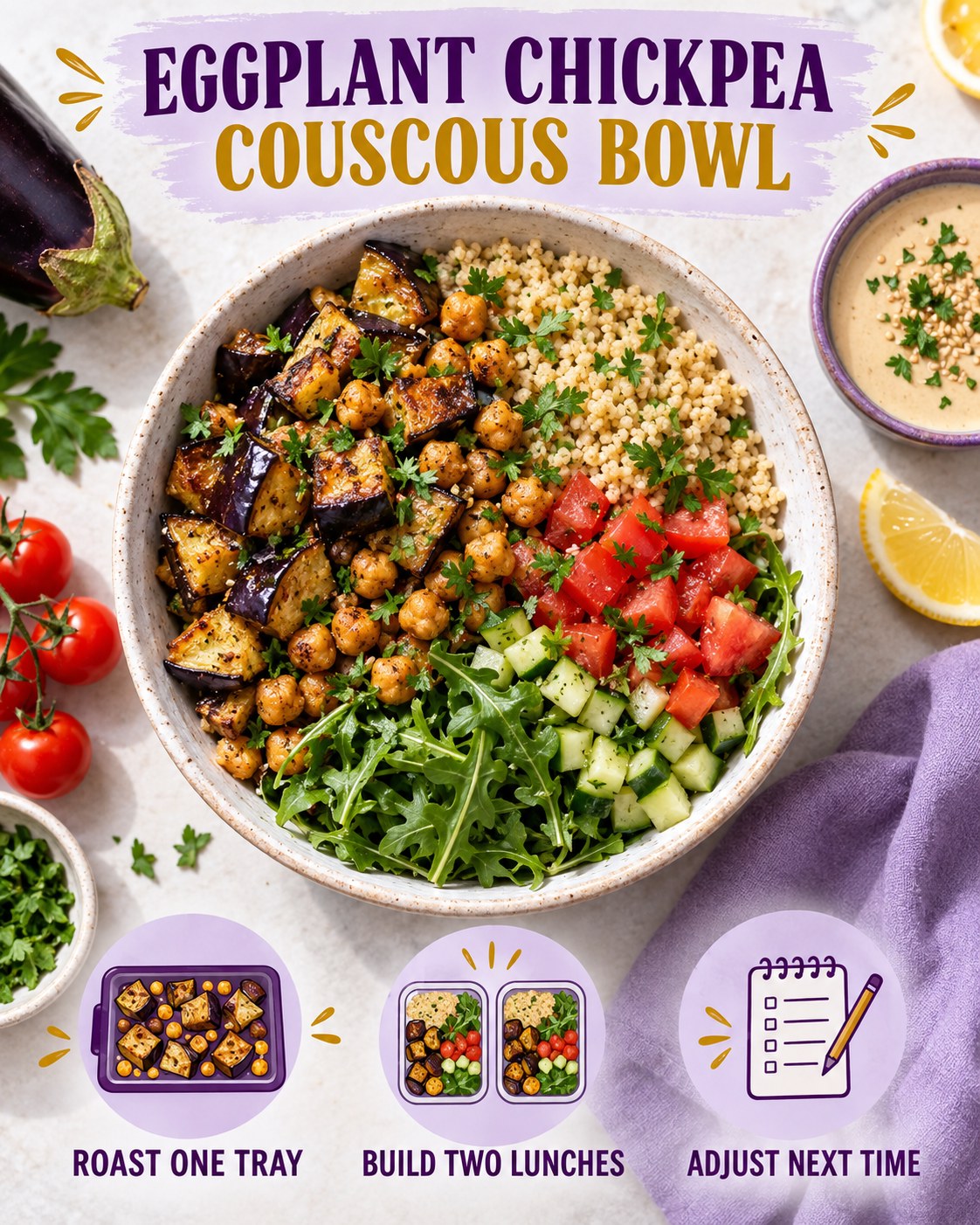 Eggplant chickpea couscous lunch bowl with tomato, cucumber, arugula, parsley, lemon-tahini sauce, and adjustment tips.