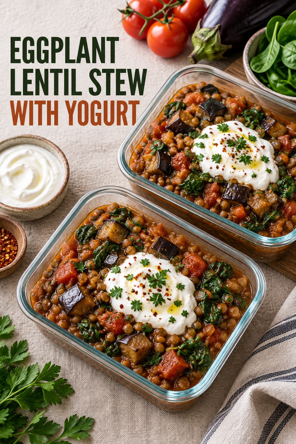 Two servings of eggplant lentil stew with yogurt made with lentils, eggplant, and vegetables.