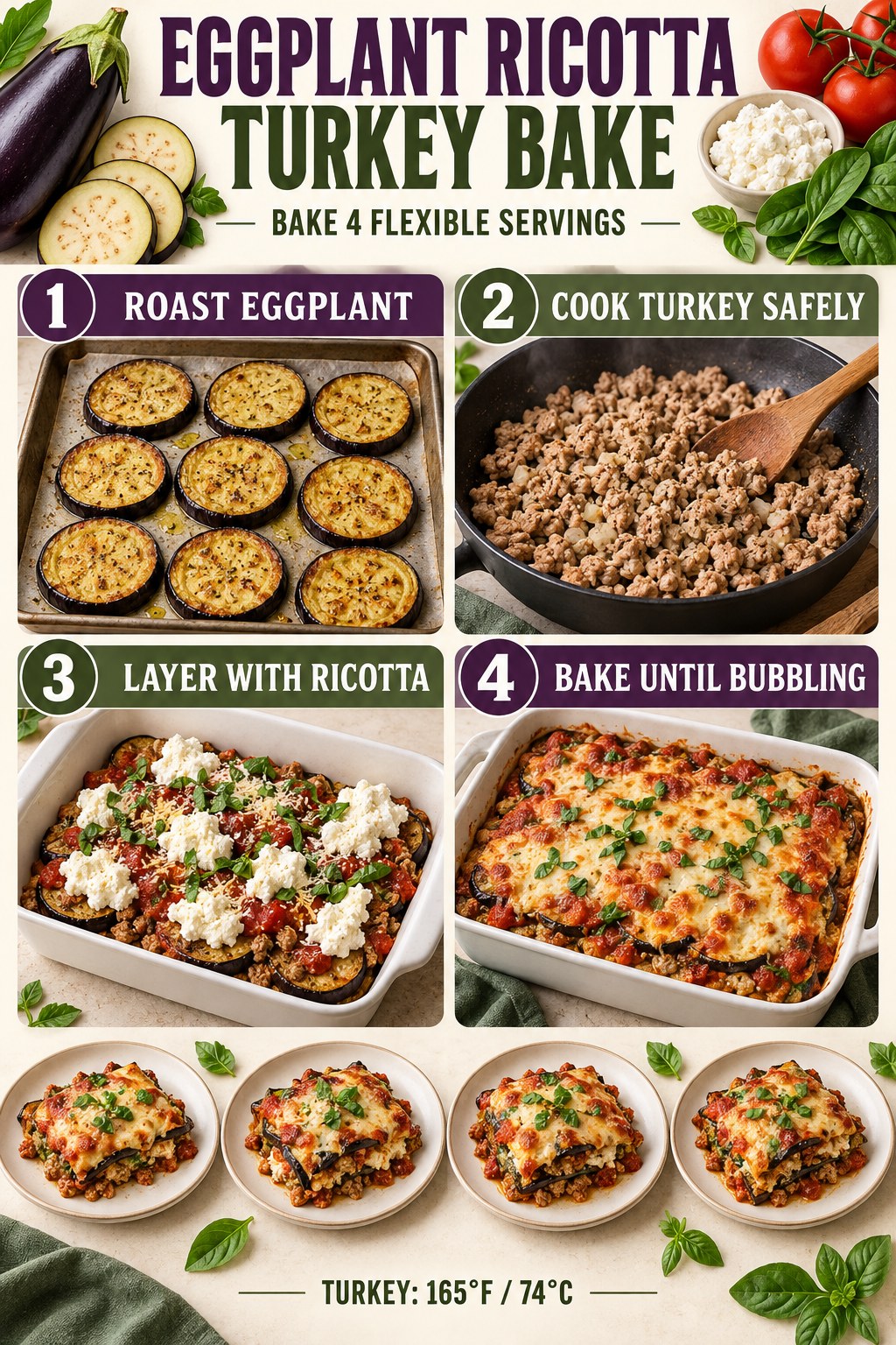 Layered eggplant casserole with turkey, tomato sauce, ricotta, mozzarella, and herbs.