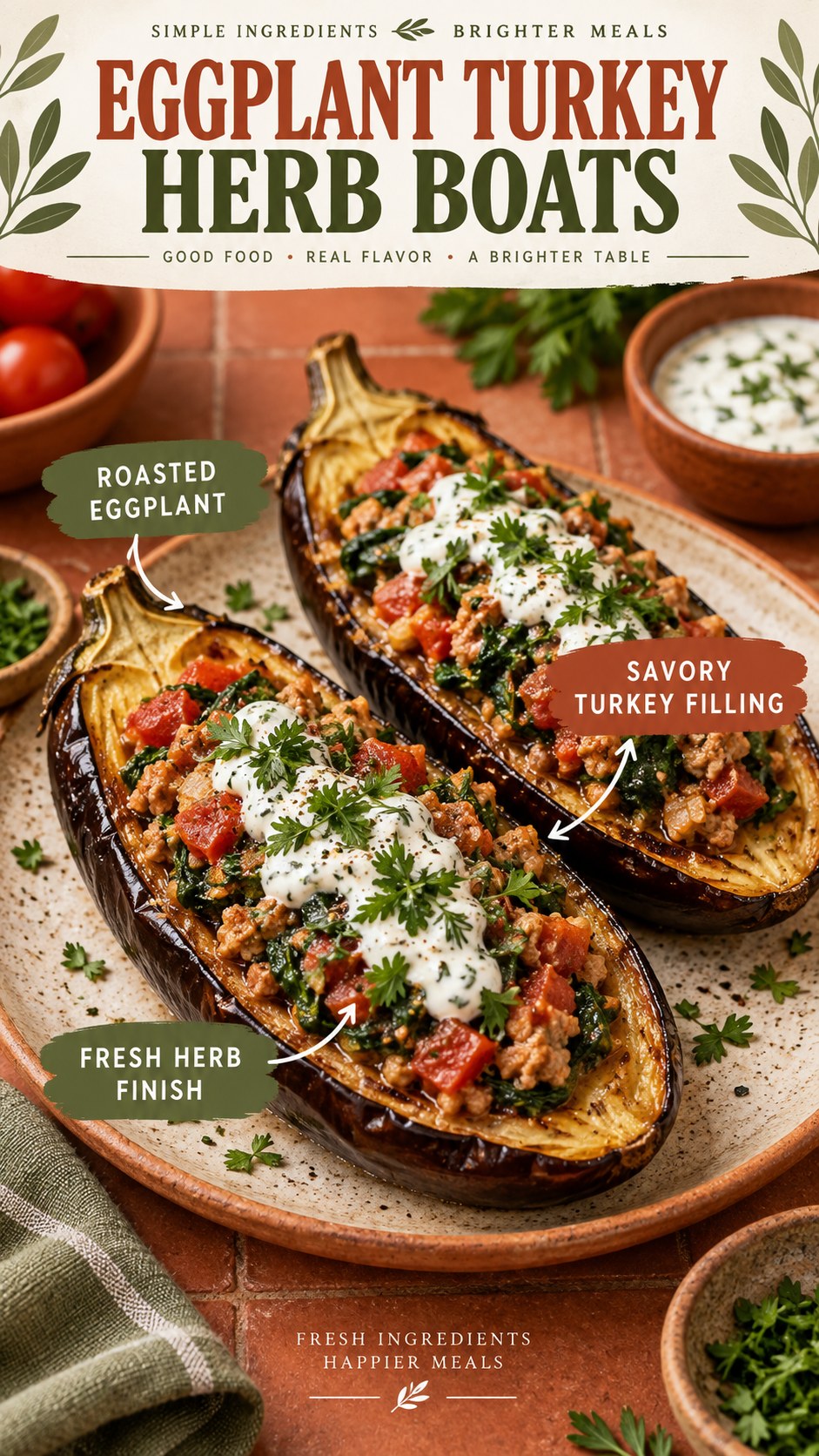 Terracotta and olive infographic showing roasted eggplant halves filled with turkey, tomato, spinach, herbs, and yogurt