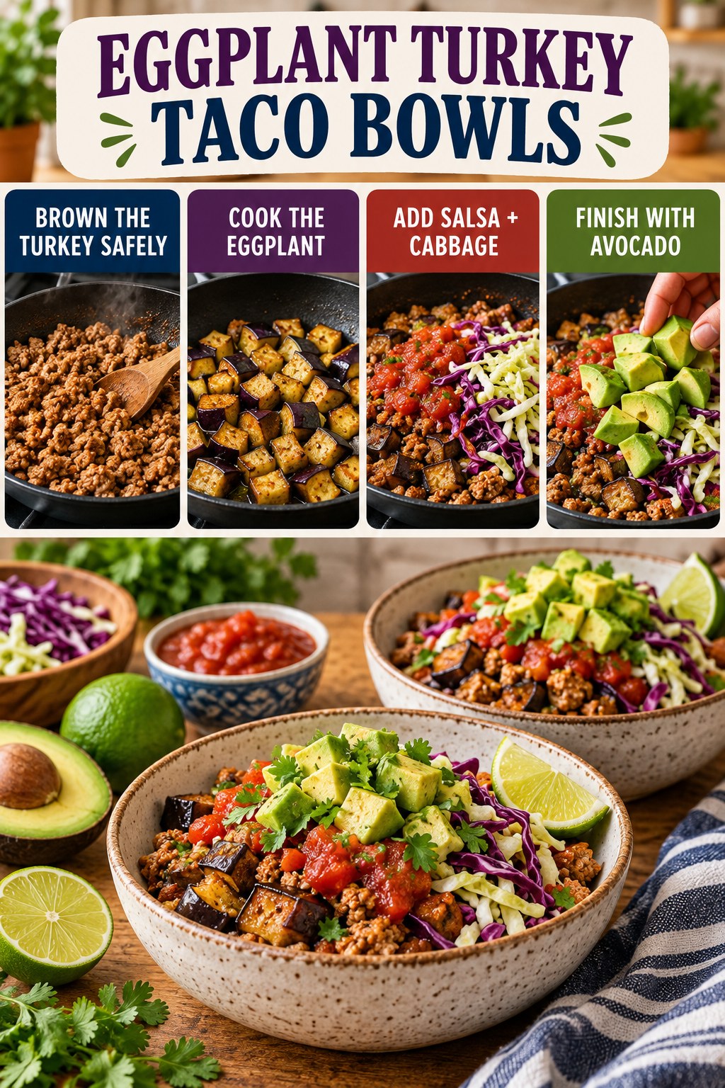 Eggplant turkey taco bowl infographic showing safely browned turkey, cooked eggplant, salsa and cabbage, avocado, and two finished bowls.