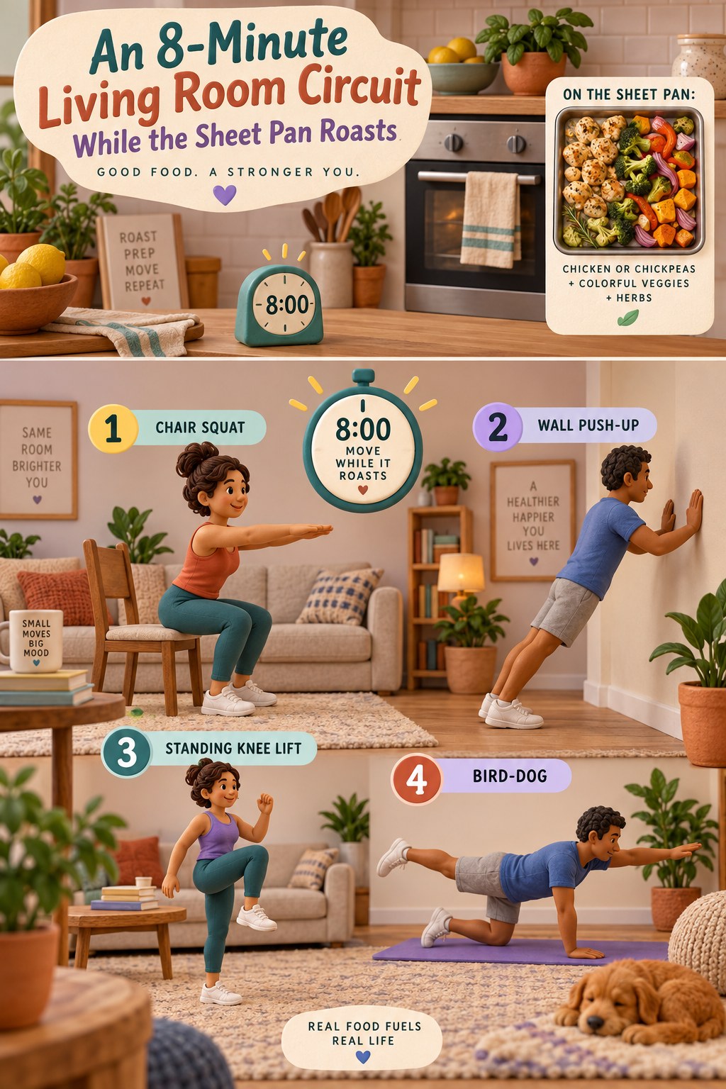 Sheet-pan dinner timer above four living room exercises: chair squat, wall push-up, knee lift, and bird-dog.