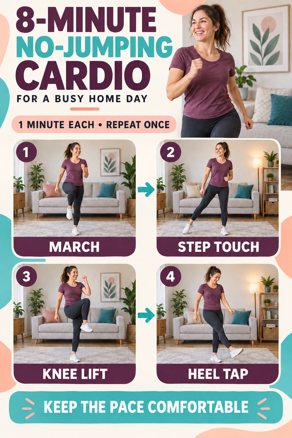Woman demonstrating marching, step touches, knee lifts, and heel taps in an eight-minute no-jumping home cardio flow.