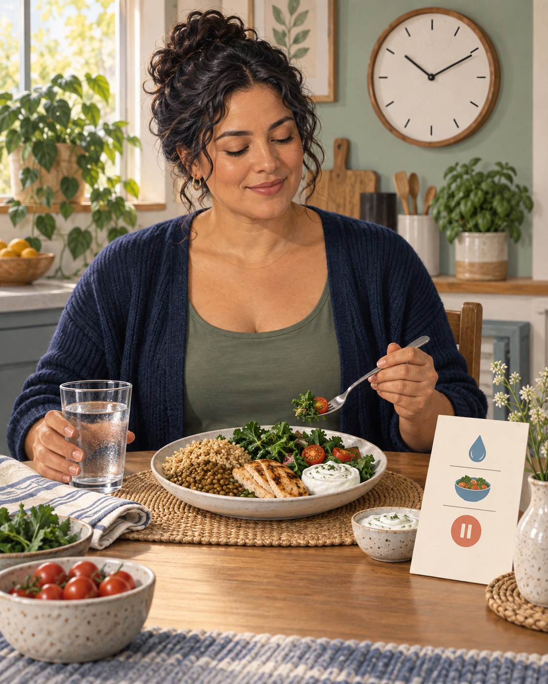 Woman drinking water and eating a balanced meal of grains, lentils, vegetables, chicken, and yogurt