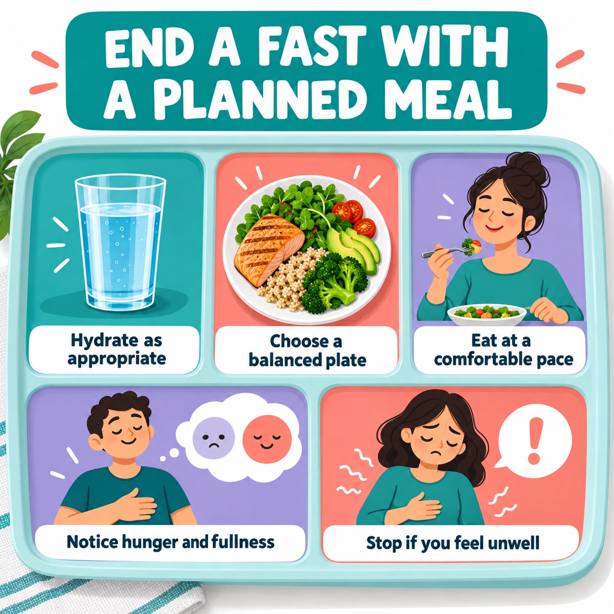 Meal-tray infographic showing hydration, a balanced plate, comfortable eating pace, hunger and fullness awareness, and stopping if unwell