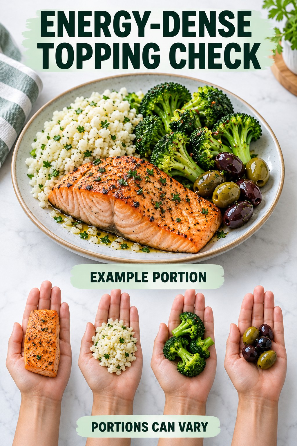 Energy-Dense Topping Check visual using salmon, cauliflower rice, broccoli, and olives as flexible example portions for Keto Diet.
