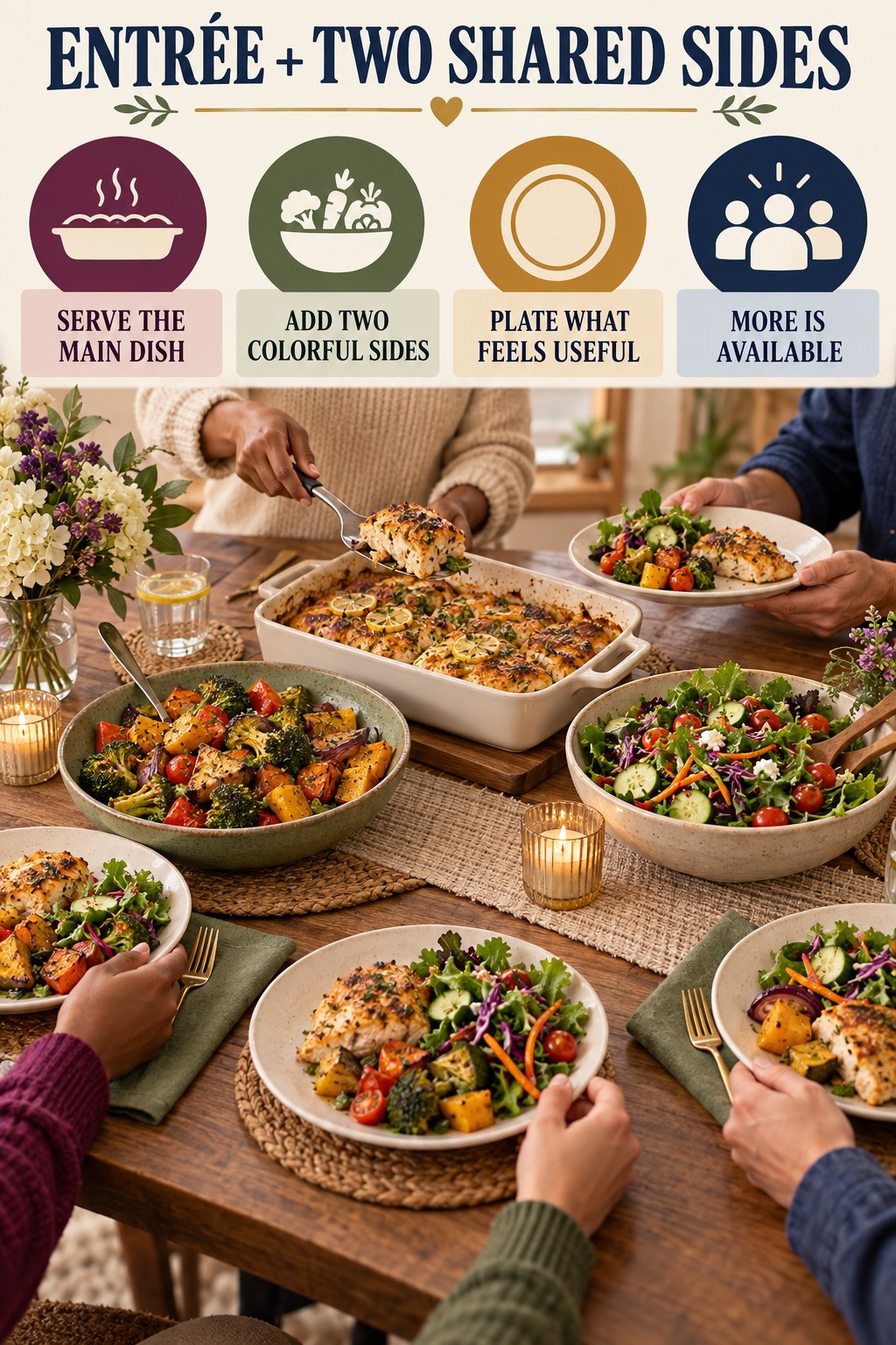 Family-style portion infographic with a baked entrée, roasted vegetables, salad, and several different plates around a shared table.