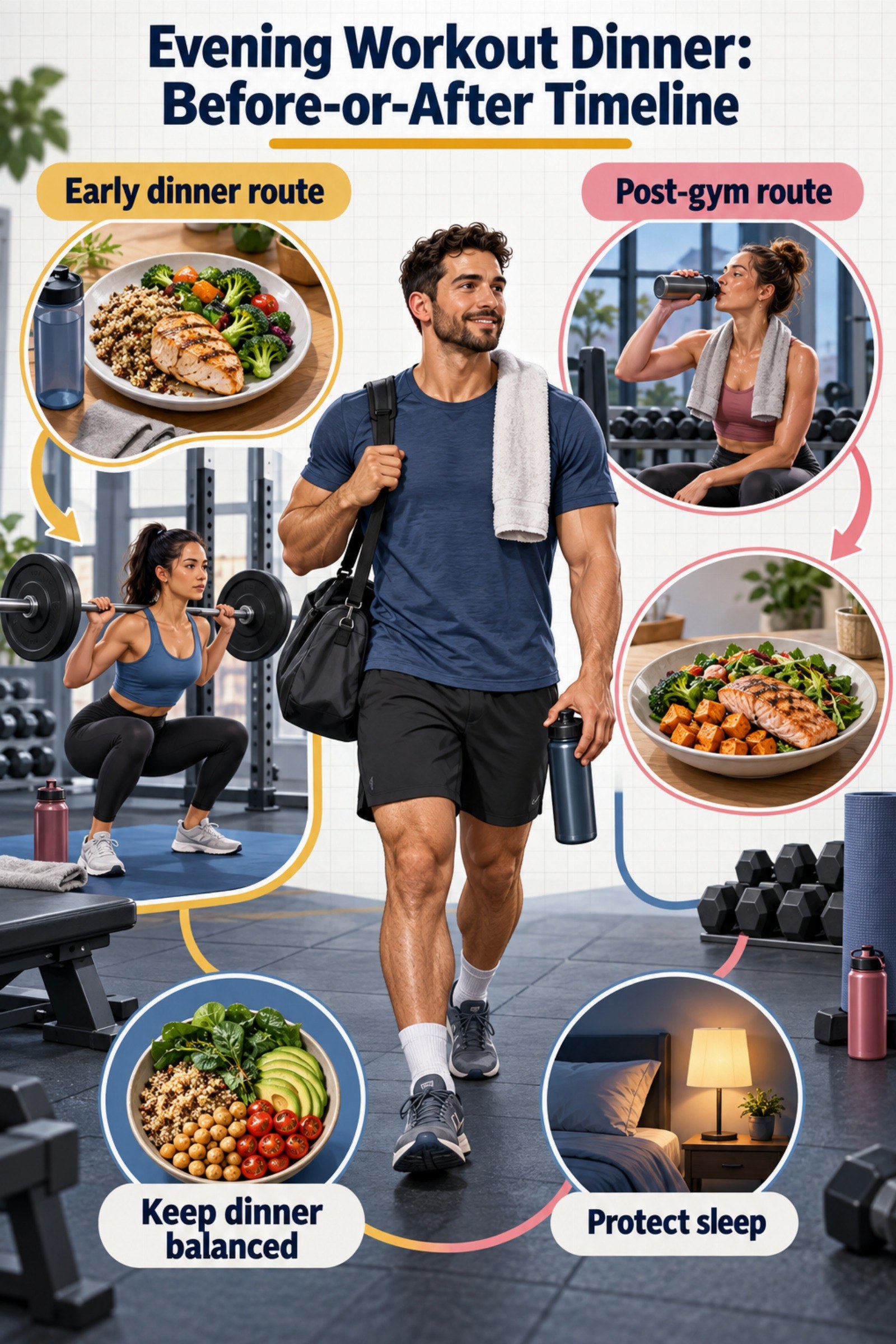 Dual-path evening timeline with early dinner or post-gym dinner. The image supports Evening Workout Dinner: Before-or-After Timeline.