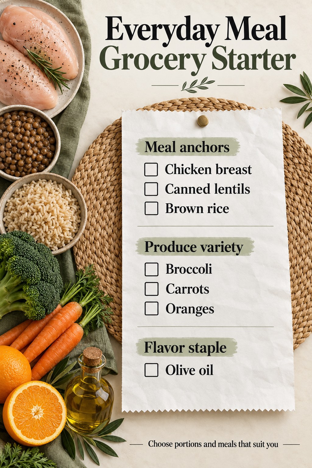 Cream and moss shopping checklist with chicken, lentils, brown rice, broccoli, carrots, oranges and olive oil.
