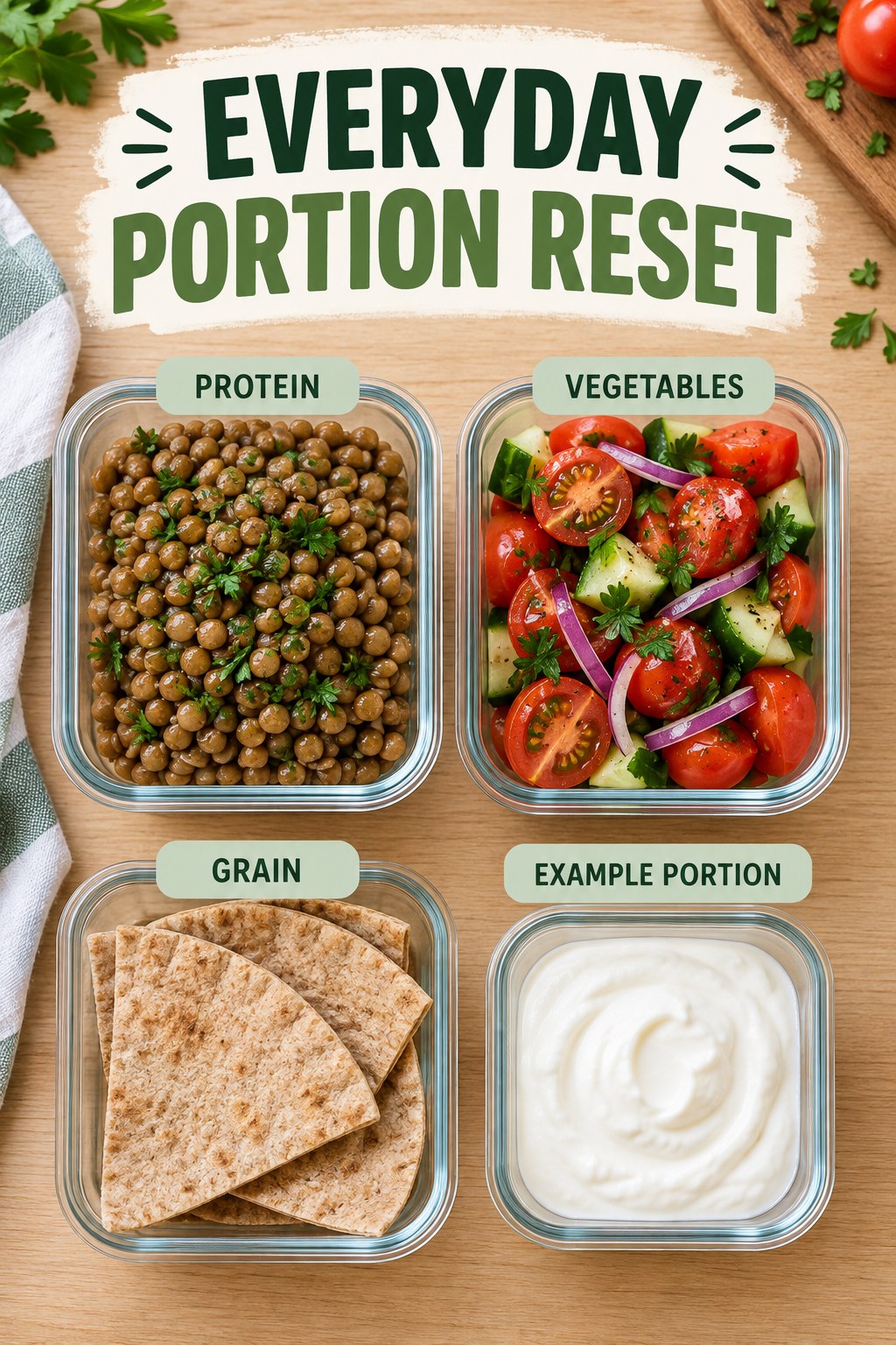 Everyday Portion Reset visual using lentils, whole-grain pita, tomato salad, and plain yogurt as flexible example portions for Weight Loss Tips.
