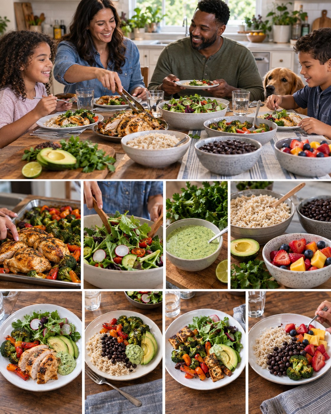 Family dinner with chicken, tofu, vegetables, salad, avocado sauce, rice, beans, and fruit served separately