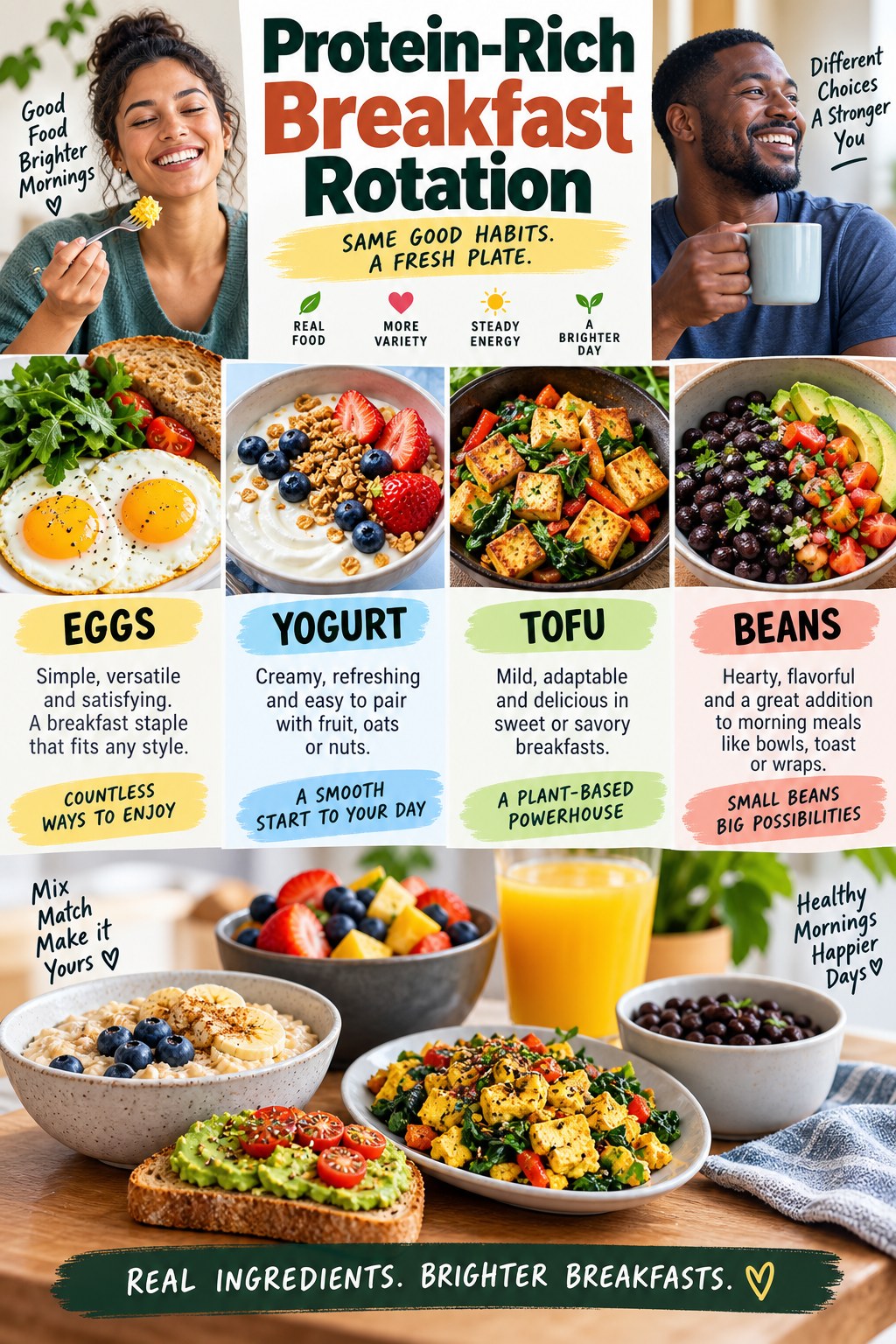 Portrait infographic showing a diverse family serving shared protein, vegetables, grains and sauces with varied portions and appetite-respecting reminders.