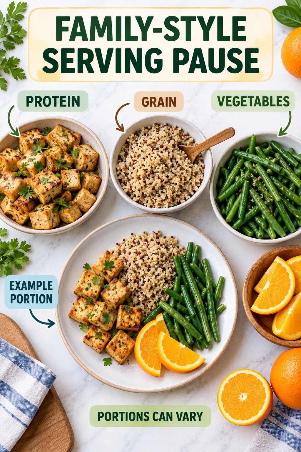 Family-Style Serving Pause visual using tofu, quinoa, green beans, and orange as flexible example portions for Healthy Dinner Recipes.