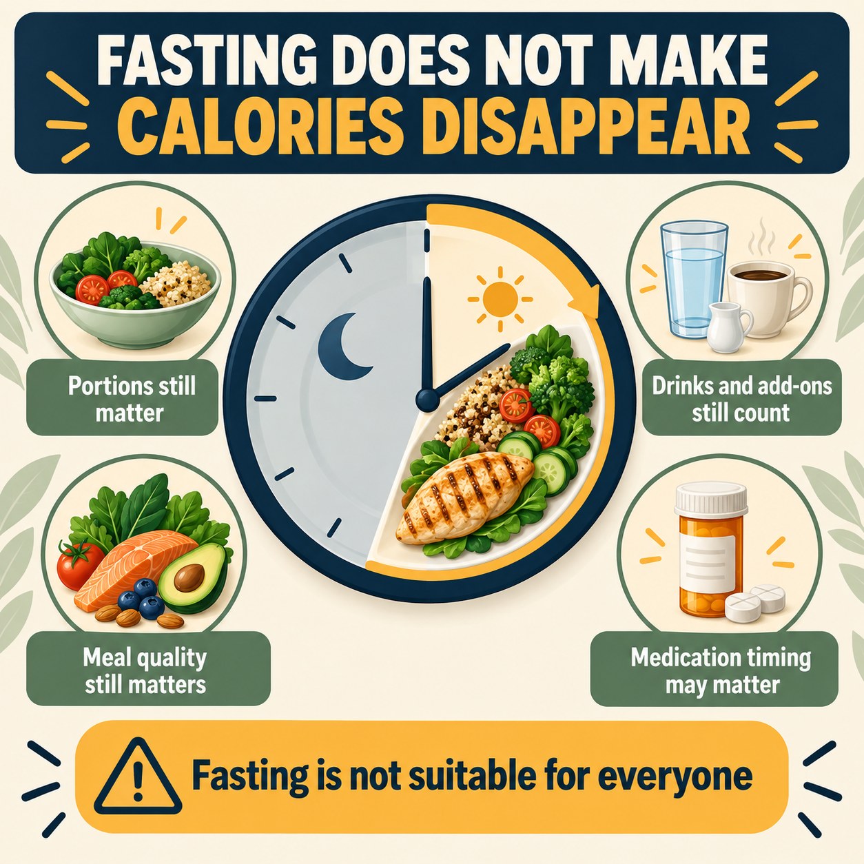 Intermittent fasting infographic explaining that portions, drinks, add-ons, meal quality, medication timing, and suitability still matter