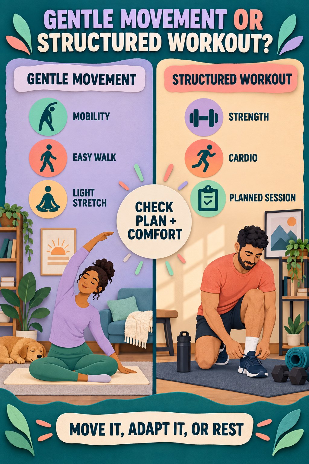 Paper-cut comparison of gentle mobility, walking, and stretching with planned strength and cardio at home.