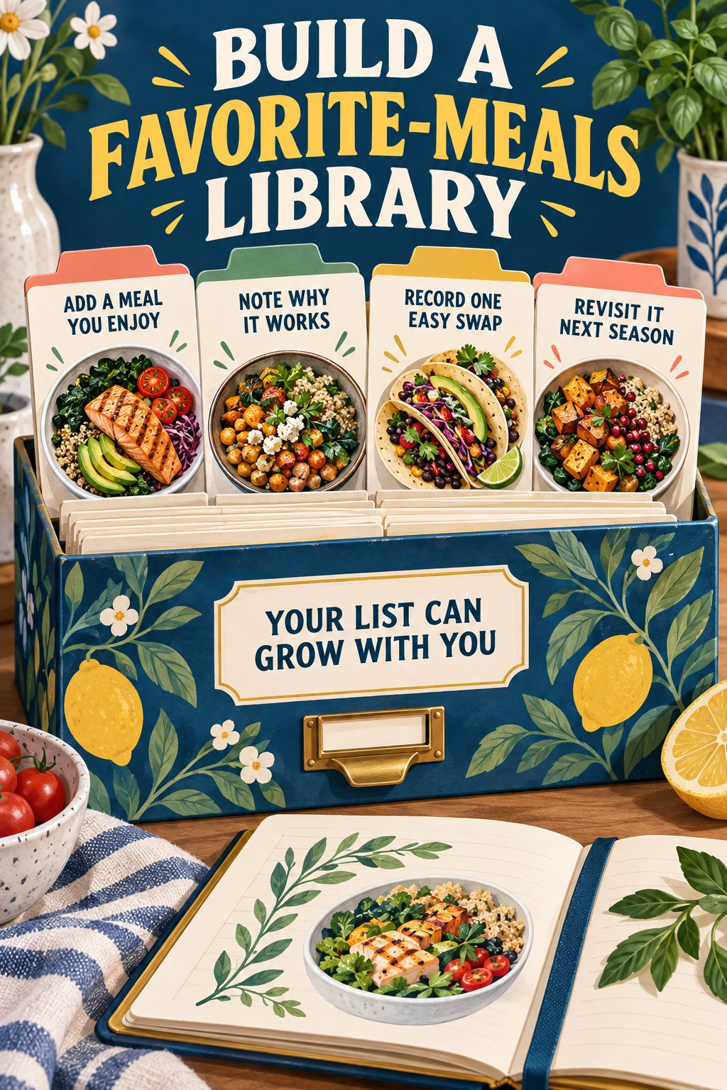 Portrait recipe-card library infographic showing four steps: add an enjoyable meal, note why it works, record a swap, and revisit it next season.