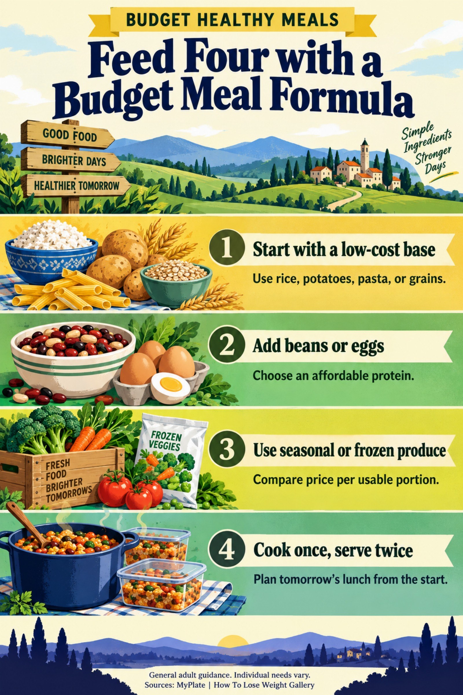 Colorful infographic titled Feed Four with a Budget Meal Formula with four illustrated tips for Budget Healthy Meals.